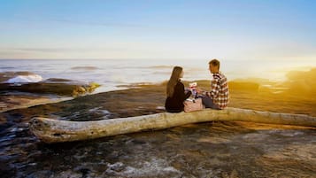 Two people sitting on a log by the ocean during sunset.