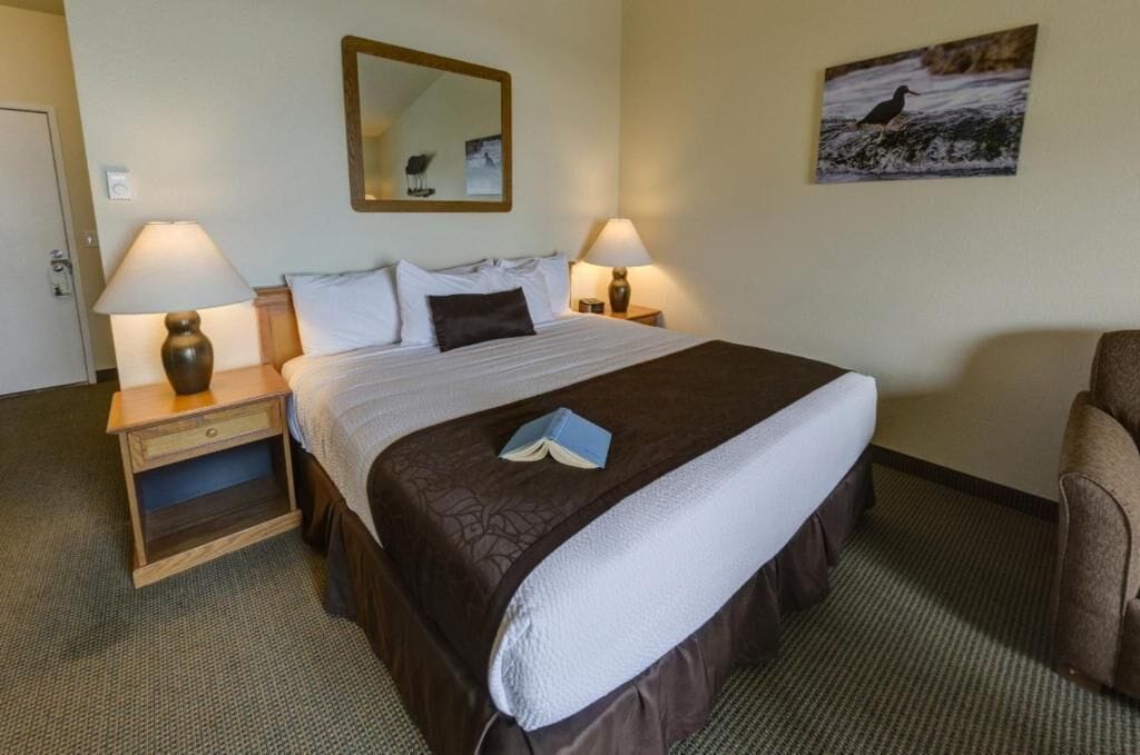 Une chambre d’hôtel avec un grand lit, deux tables de chevet avec des lampes, un miroir et un tableau encadré au mur.