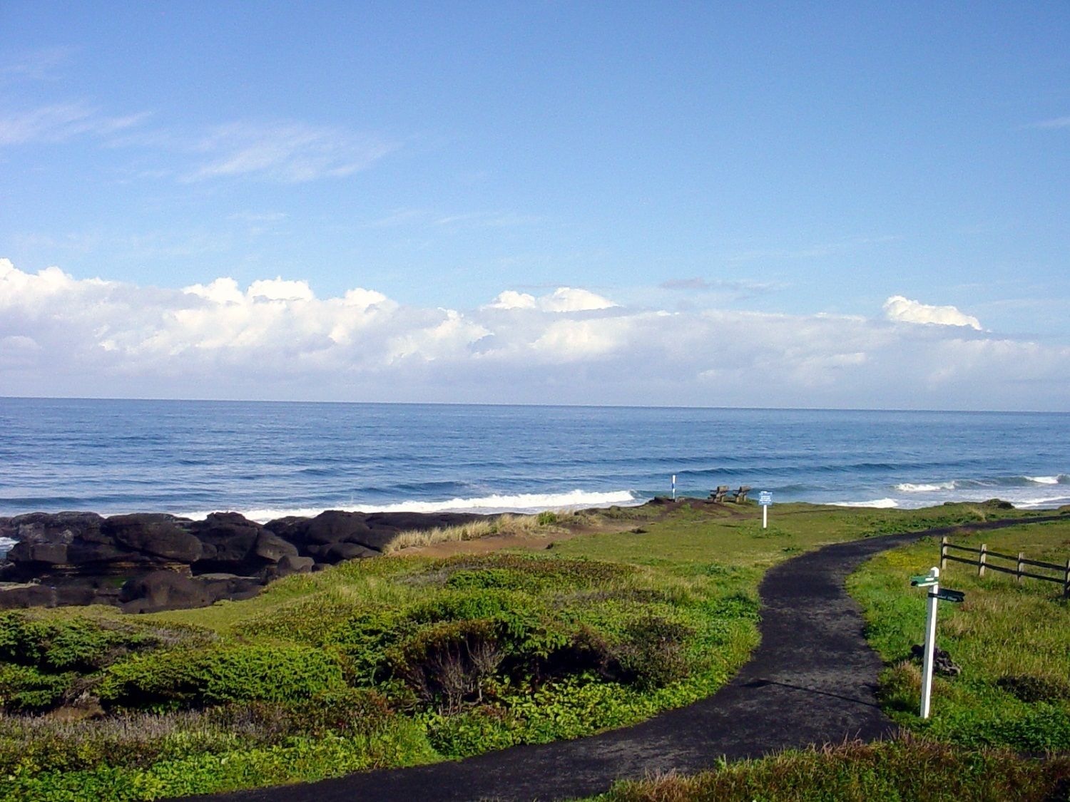 A coastal path with a clear view of the ocean and rocky coastline.