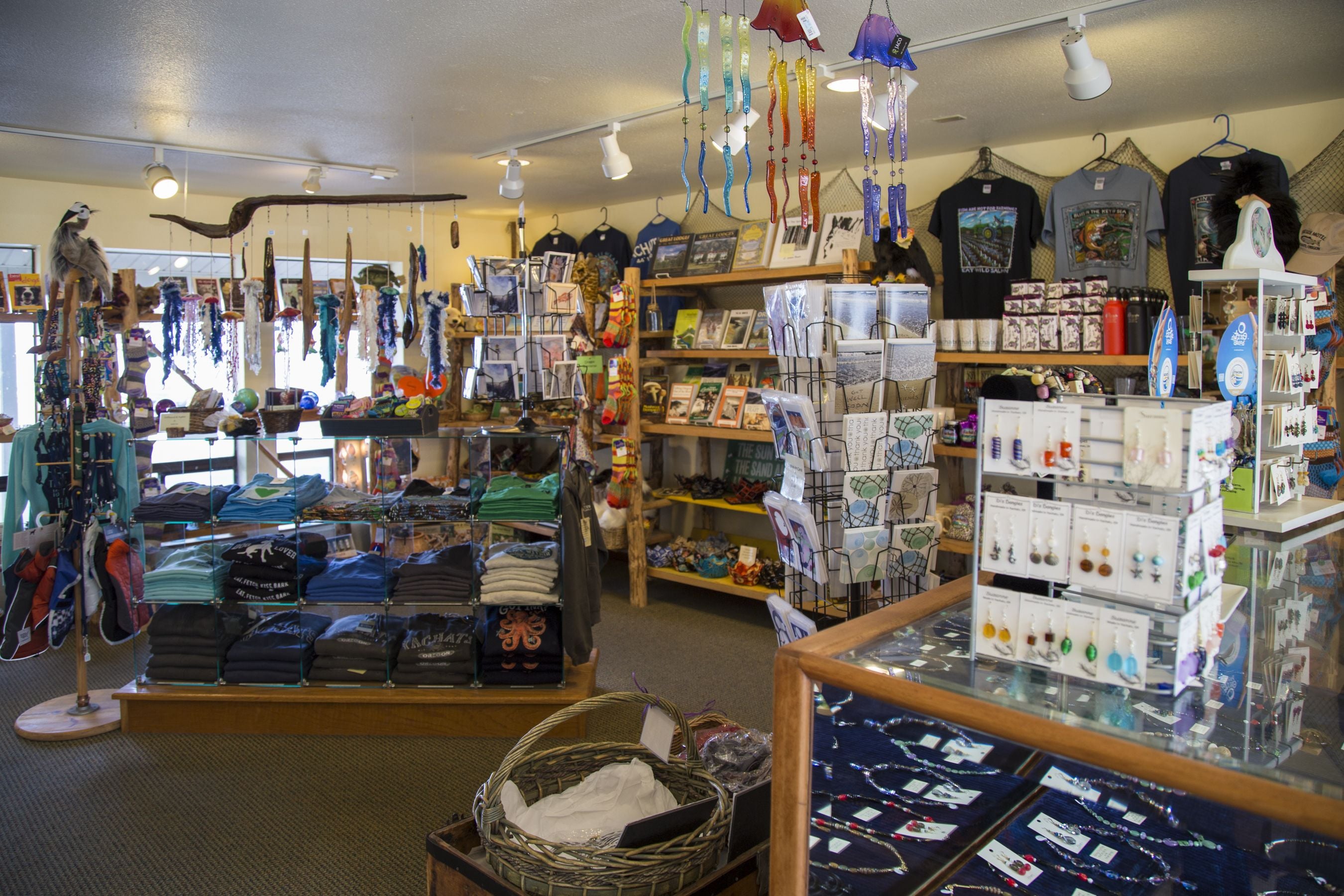 A jewelry store with various items on display, including necklaces, bracelets, and earrings.