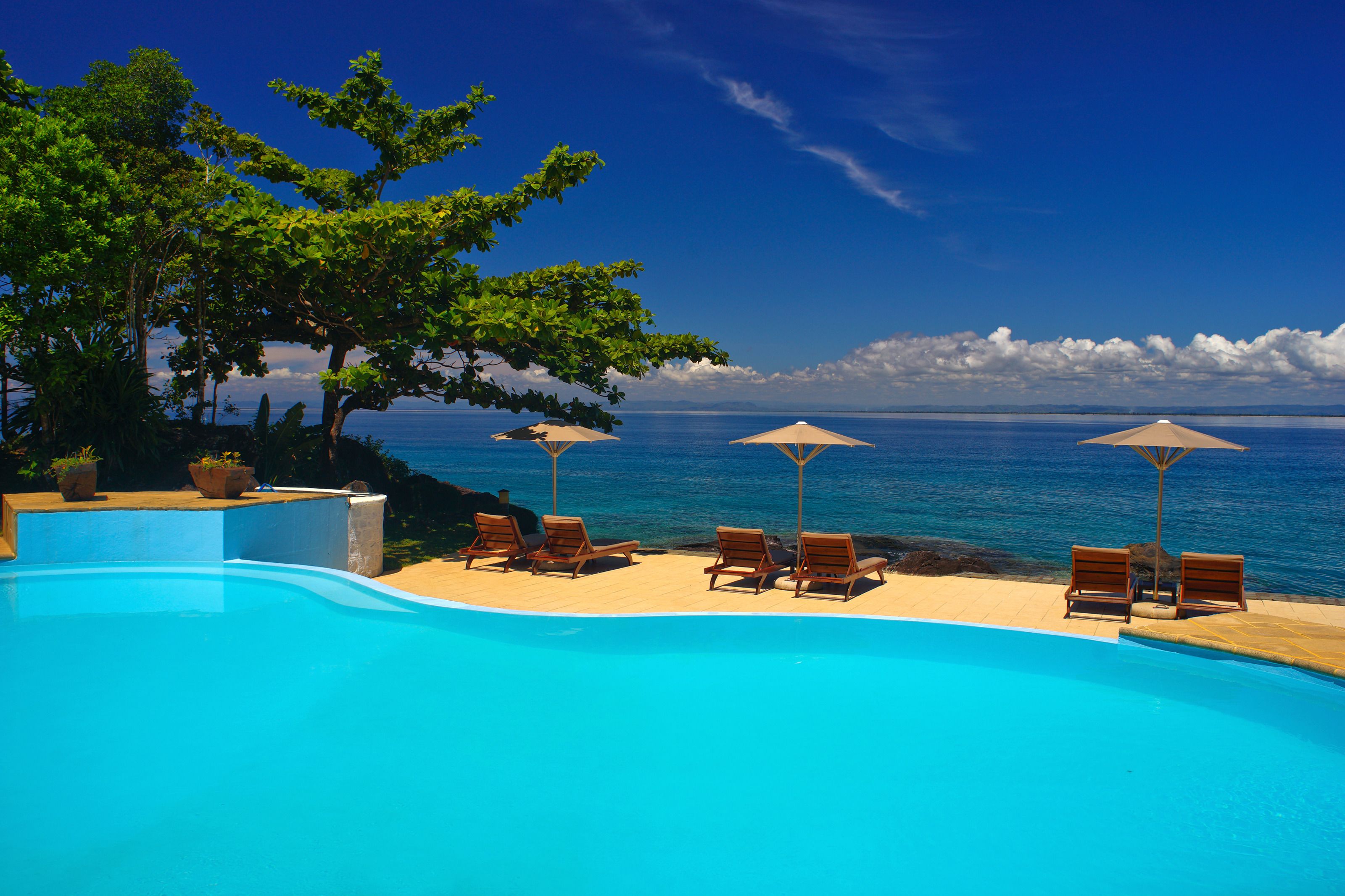 Outdoor pool, pool umbrellas, pool loungers