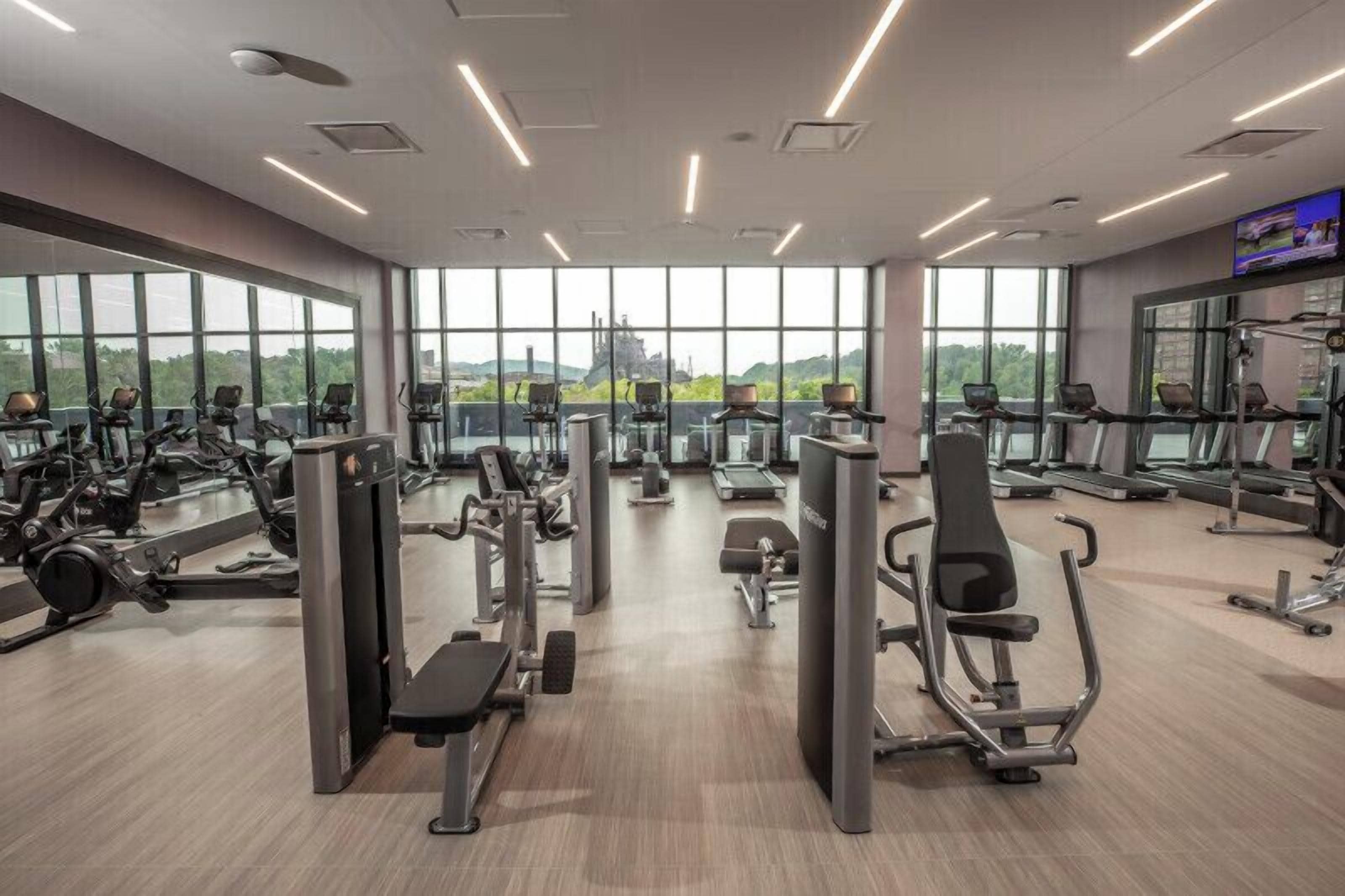 Un gimnasio con máquinas de cardio, aparatos de pesas y espejos.