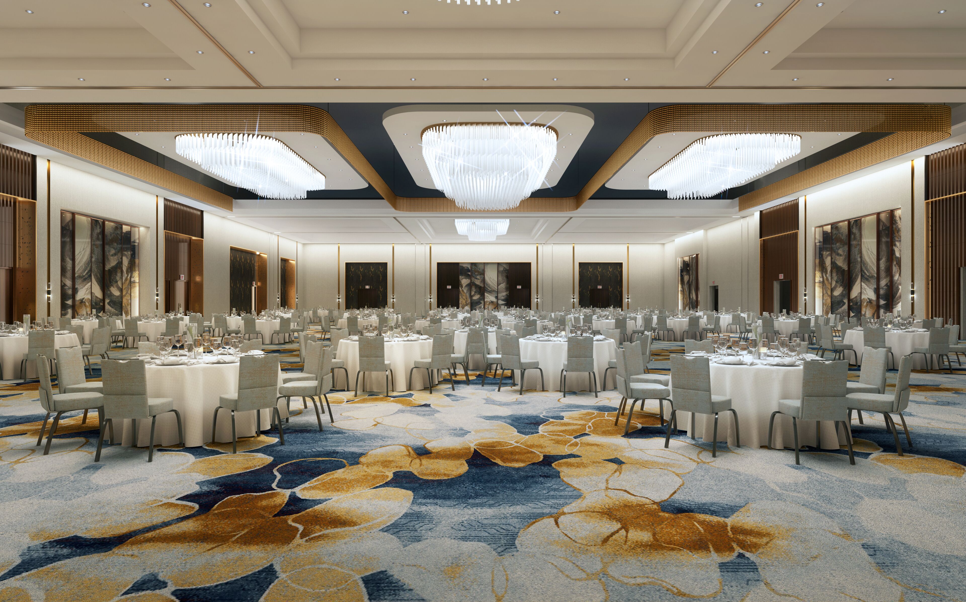 A spacious banquet hall with round tables, chairs, and a patterned carpet.