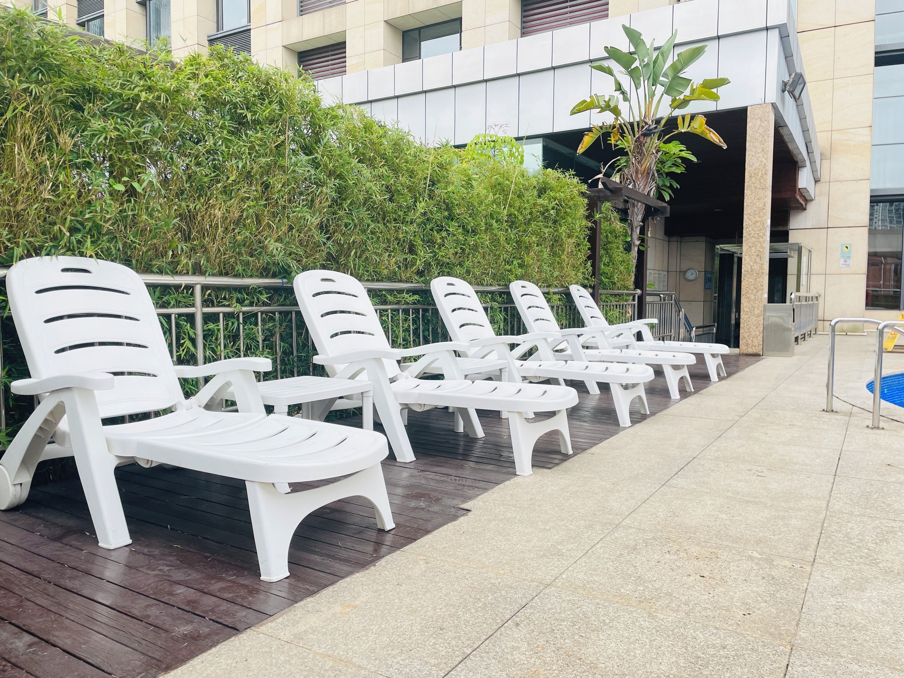 outdoor pool, pool umbrellas, pool loungers