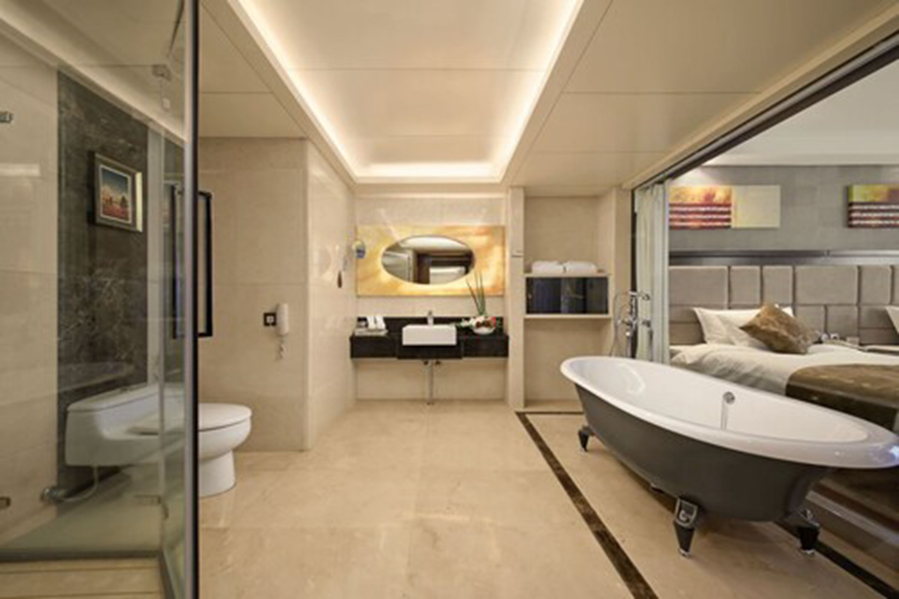 designer toiletries, hair dryer, slippers, towels