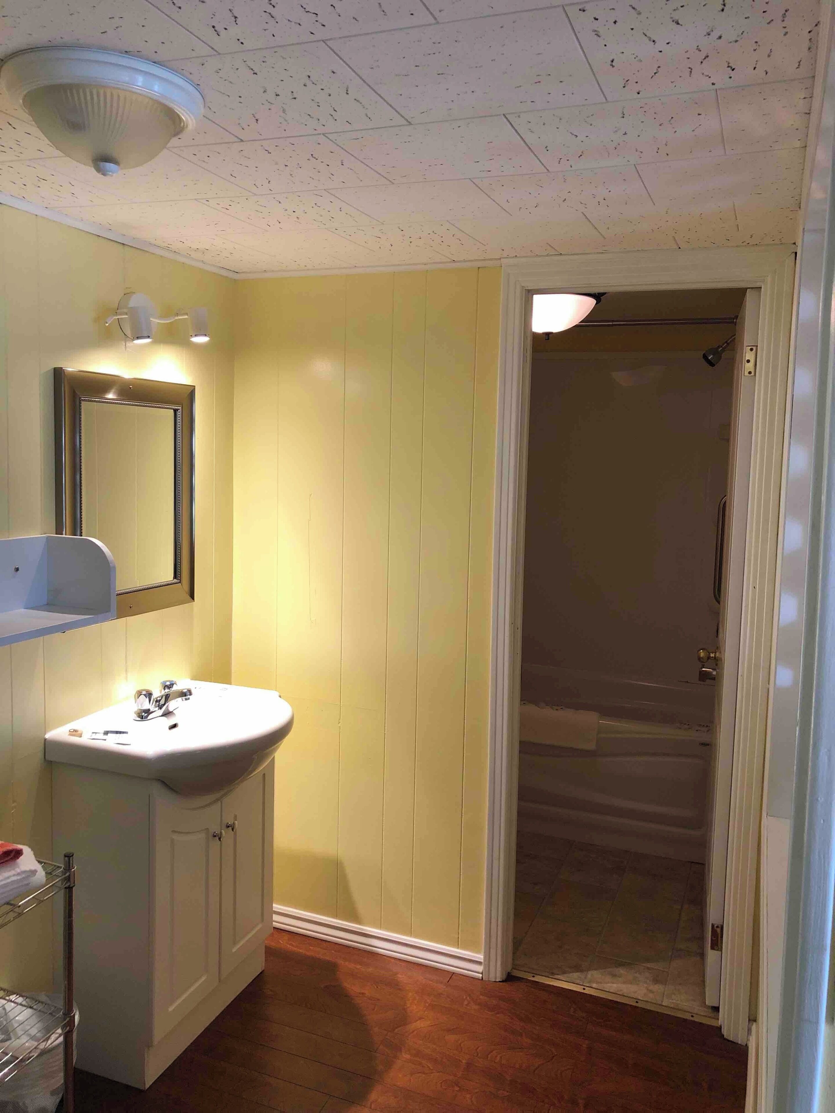 A bathroom with a white sink, a mirror, and a shower door.