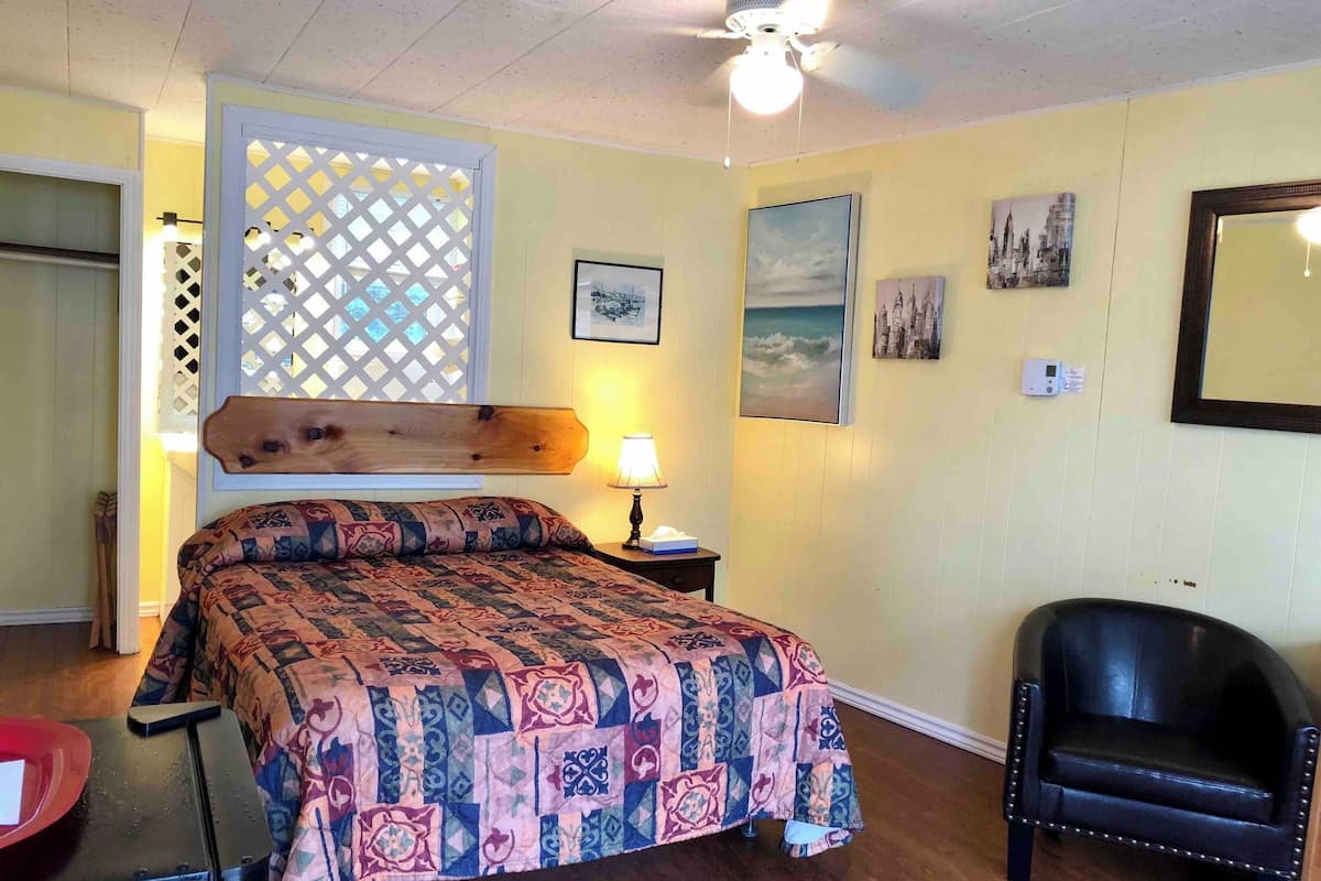 Une chambre à coucher comprenant un lit, une chaise, une table de chevet et un ventilateur de plafond.