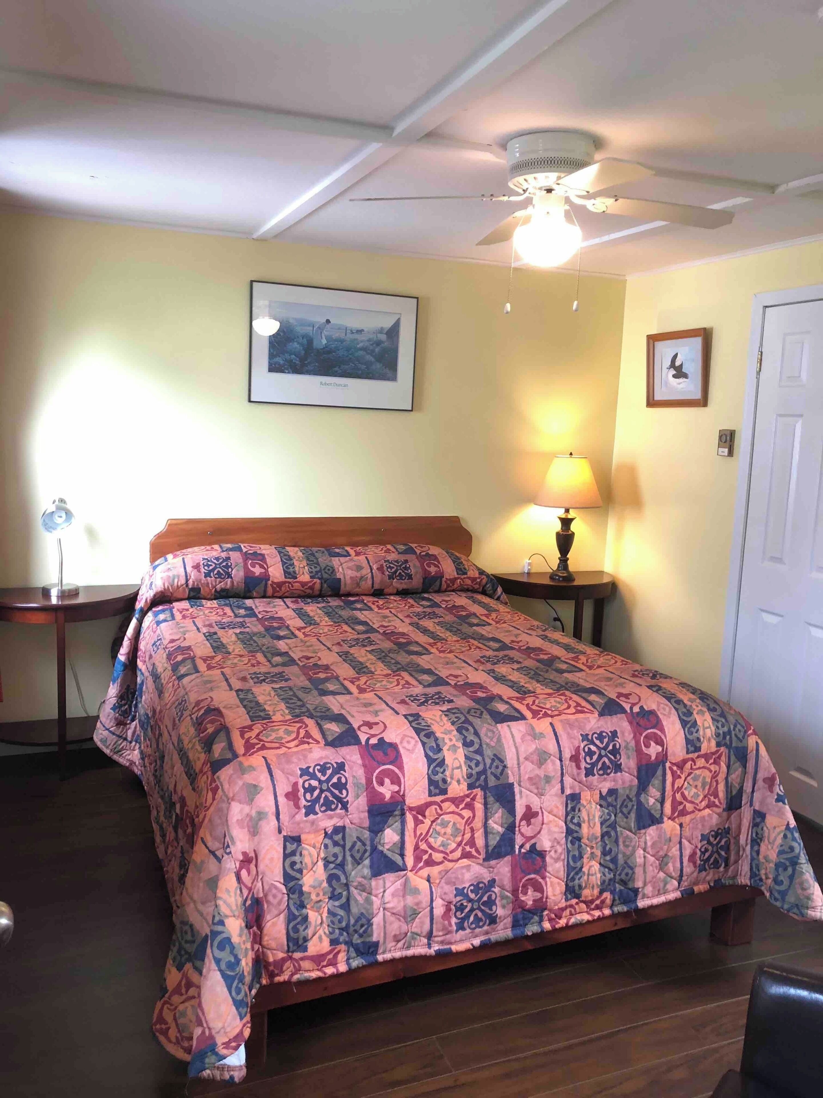 Ein Schlafzimmer mit Bett, Deckenventilator, Lampe, einem gerahmten Bild an der Wand und einer Tür.