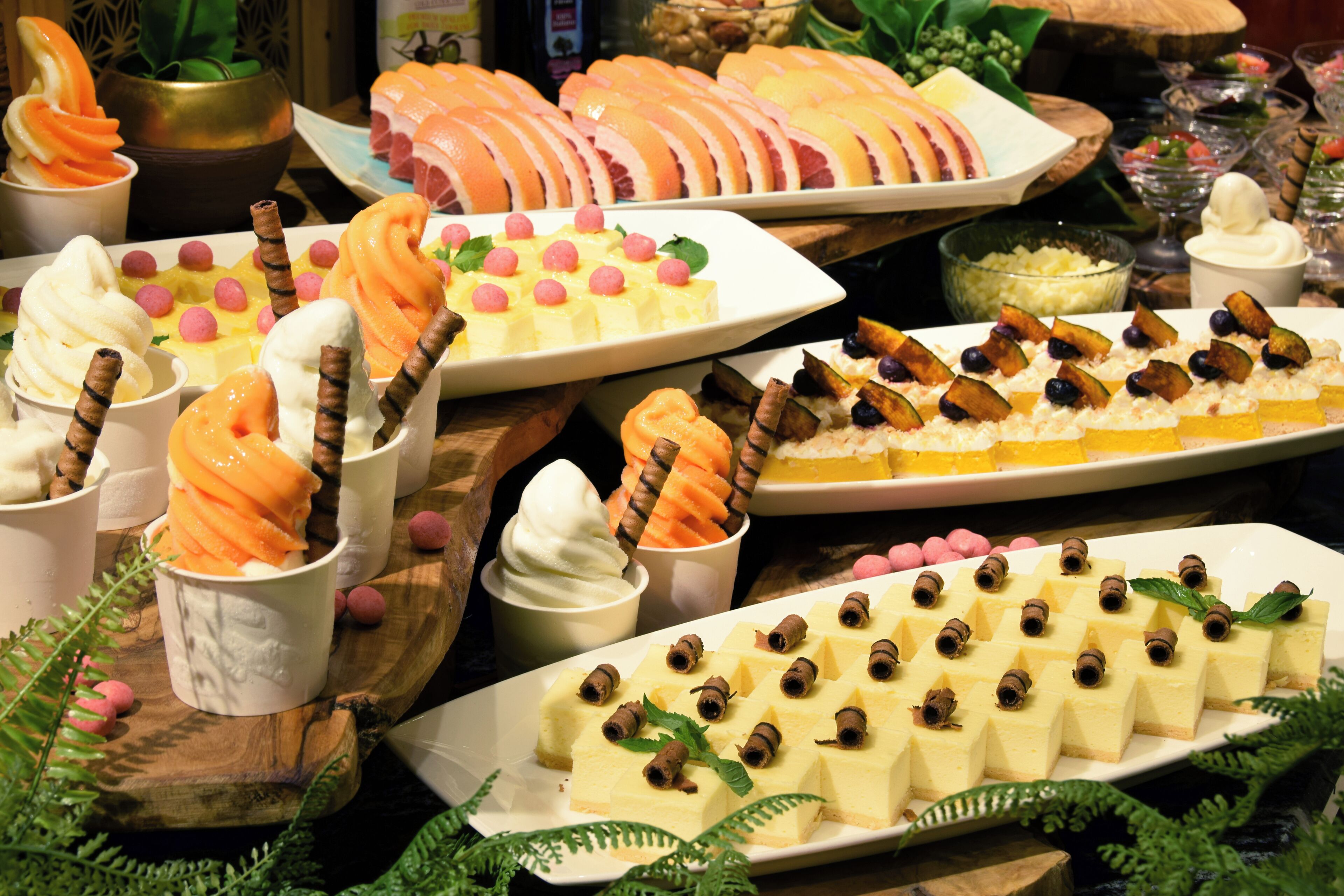 A variety of desserts and pastries on display.