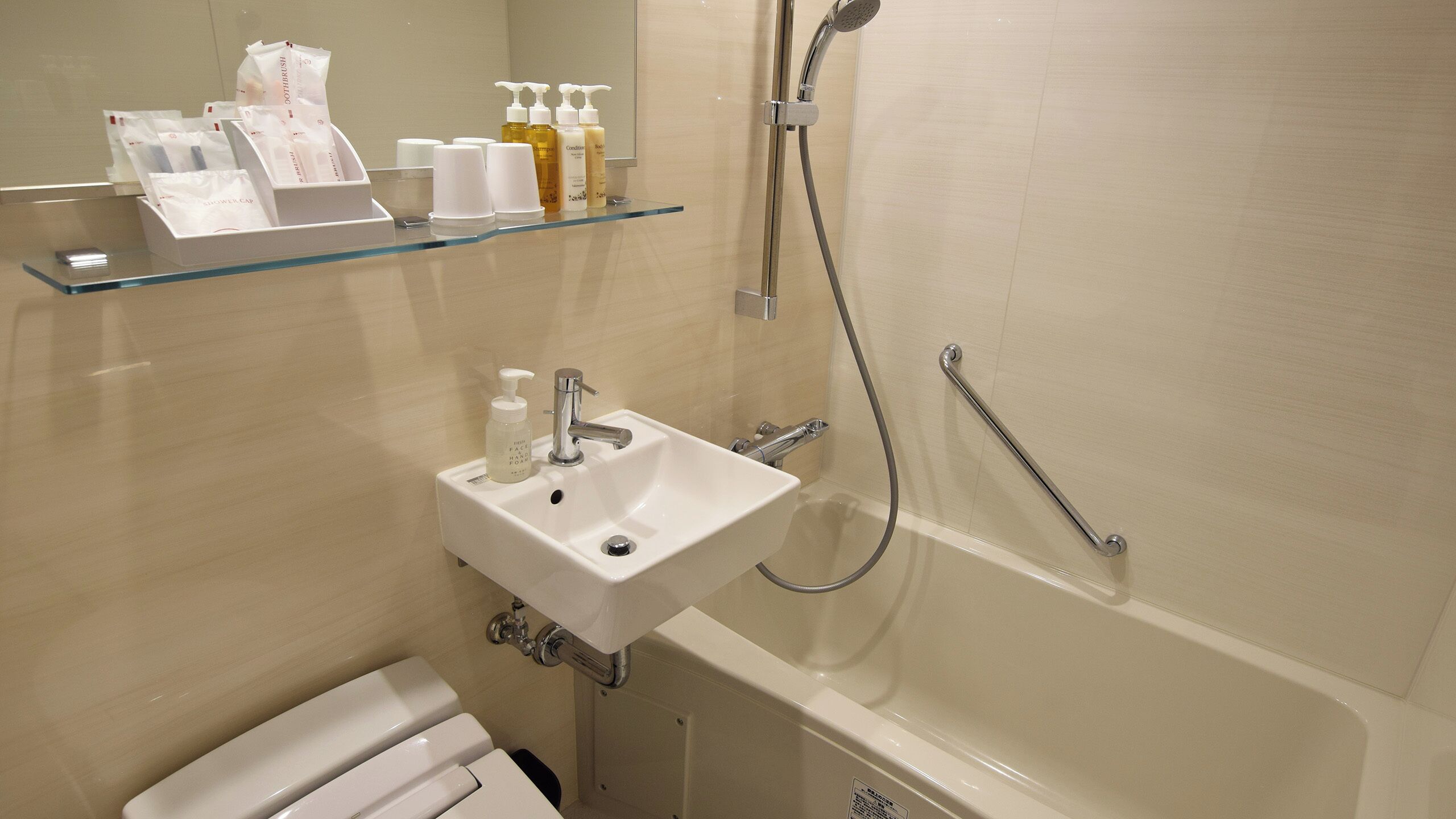 A bathroom with a glass shelf holding toiletries, a sink, a handheld showerhead, and a toilet.