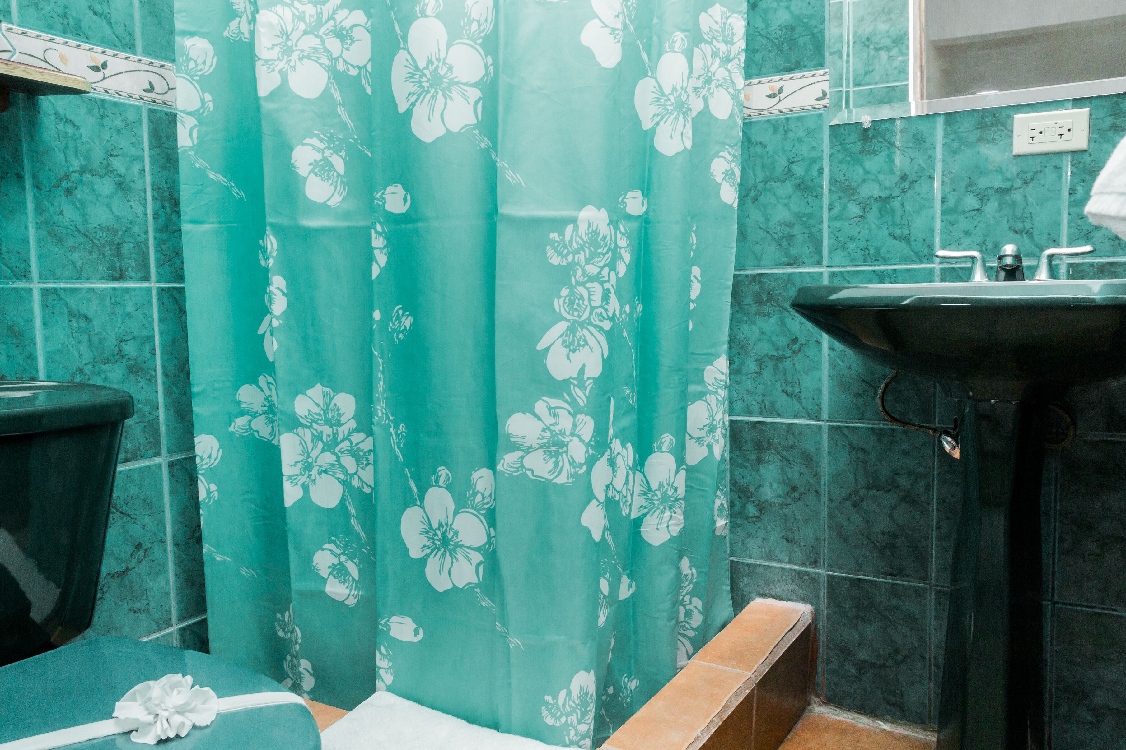 A bathroom with a green floral shower curtain, a pedestal sink, and a toilet.