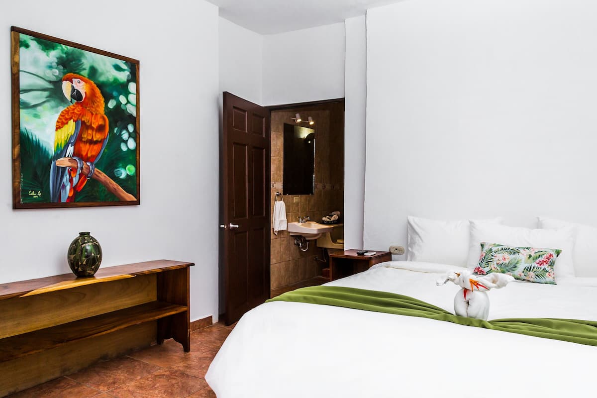 A hotel room with a bed, a wooden bench, a painting of a parrot, a bathroom with a mirror, and a green bedspread.