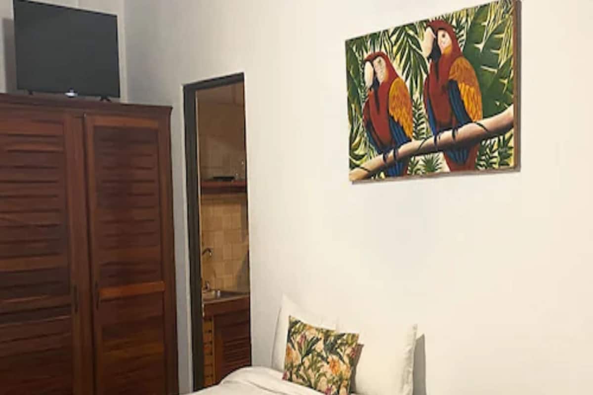 A bedroom with a bed, a nightstand, a wardrobe, and a painting of parrots.