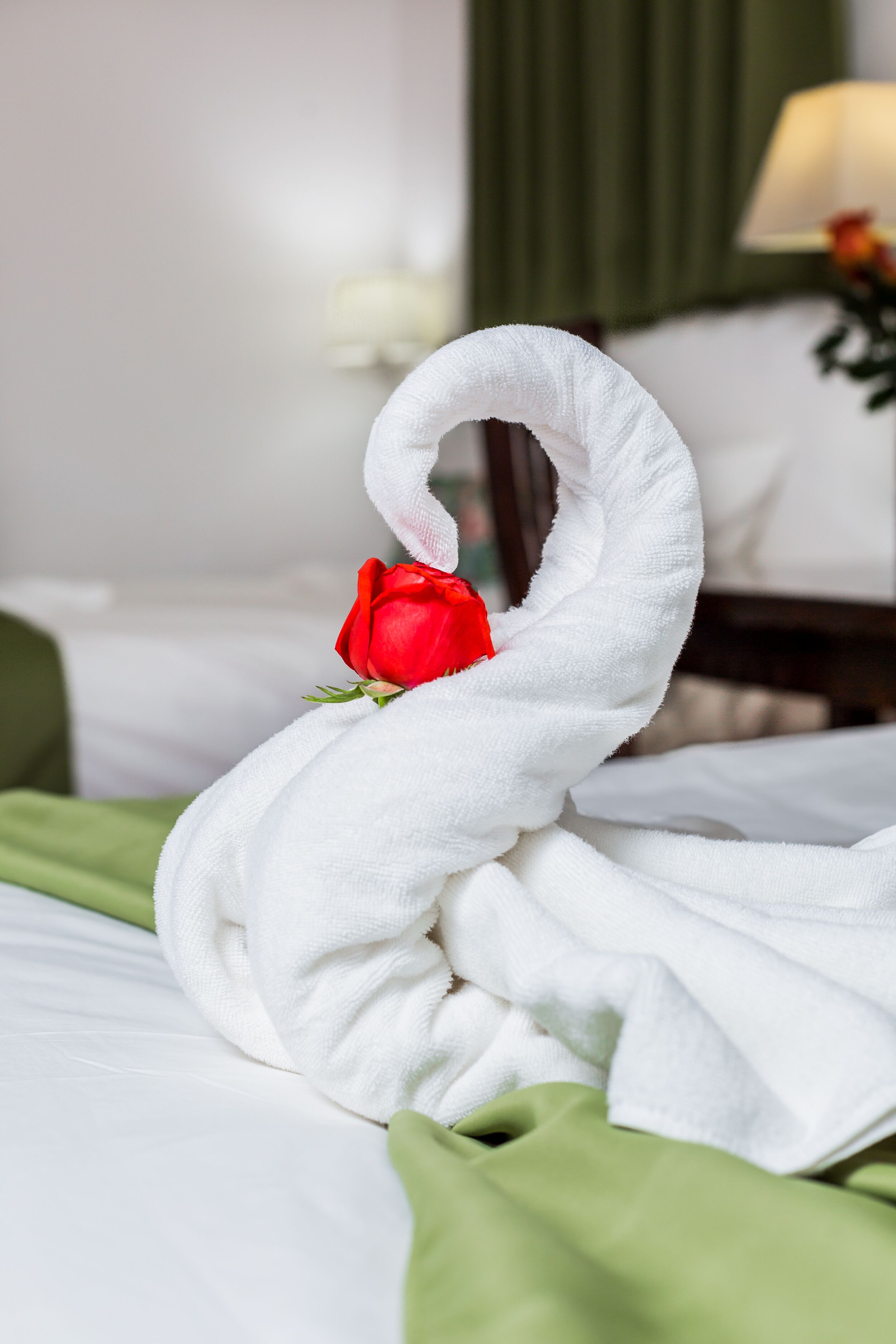 A neatly made bed with a white towel shaped like a swan, holding a red rose.