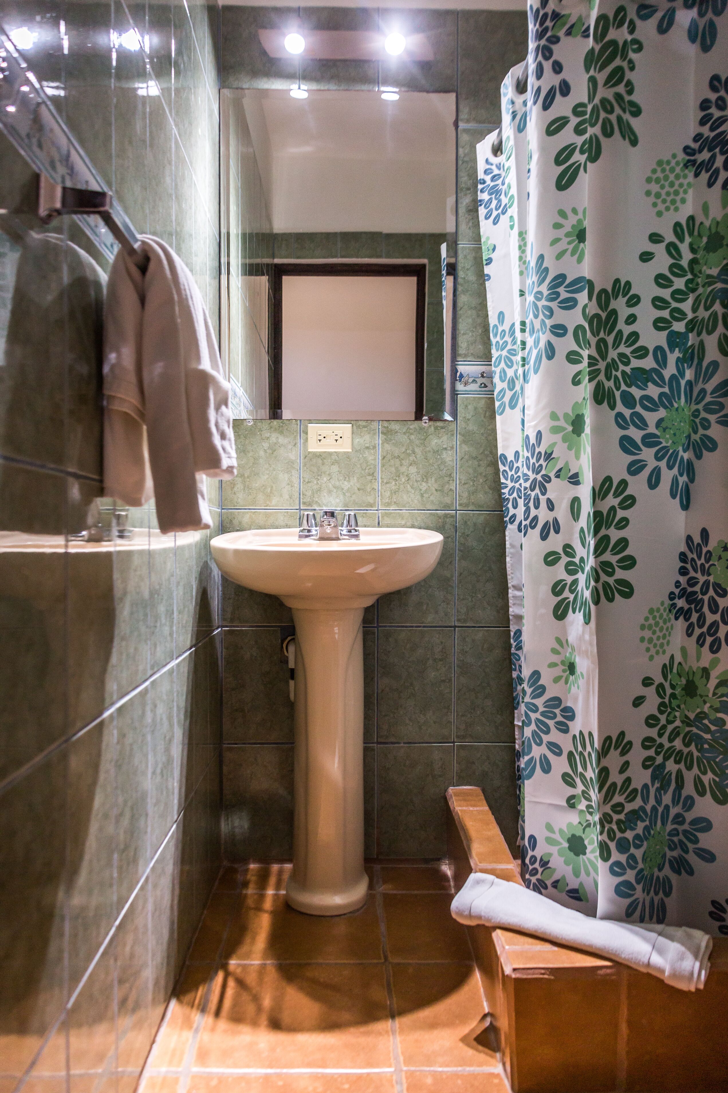 A bathroom with a sink, mirror, towel rack, and shower curtain.