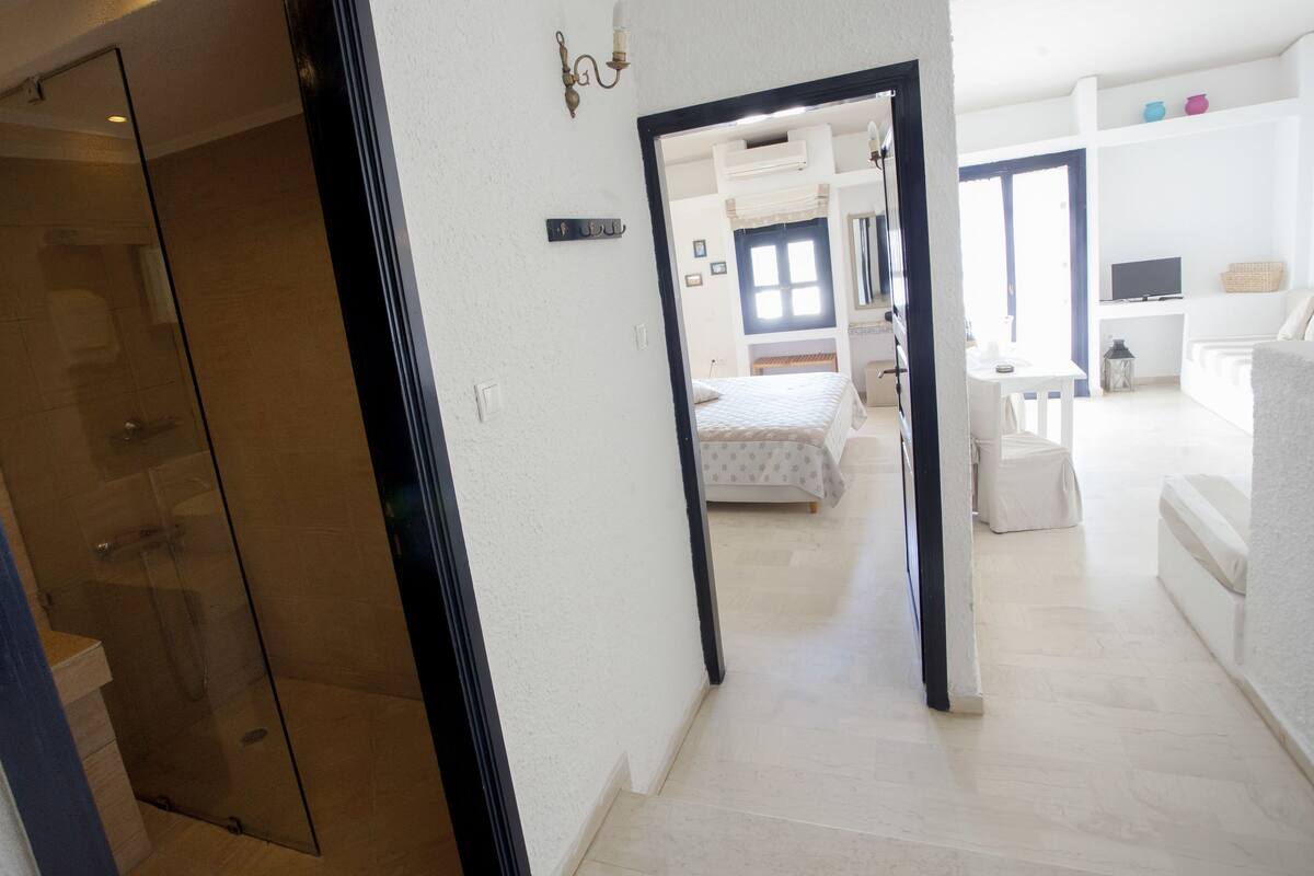 Een ruime kamer met een groot bed, een zithoek met een bank en een aparte badkamer met een douchecabine.