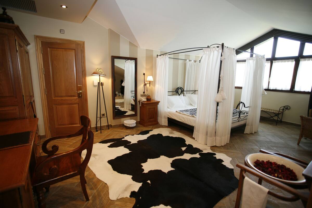 A bedroom with a four-poster bed, a wooden wardrobe, a mirror, a lamp, and a cowhide rug.