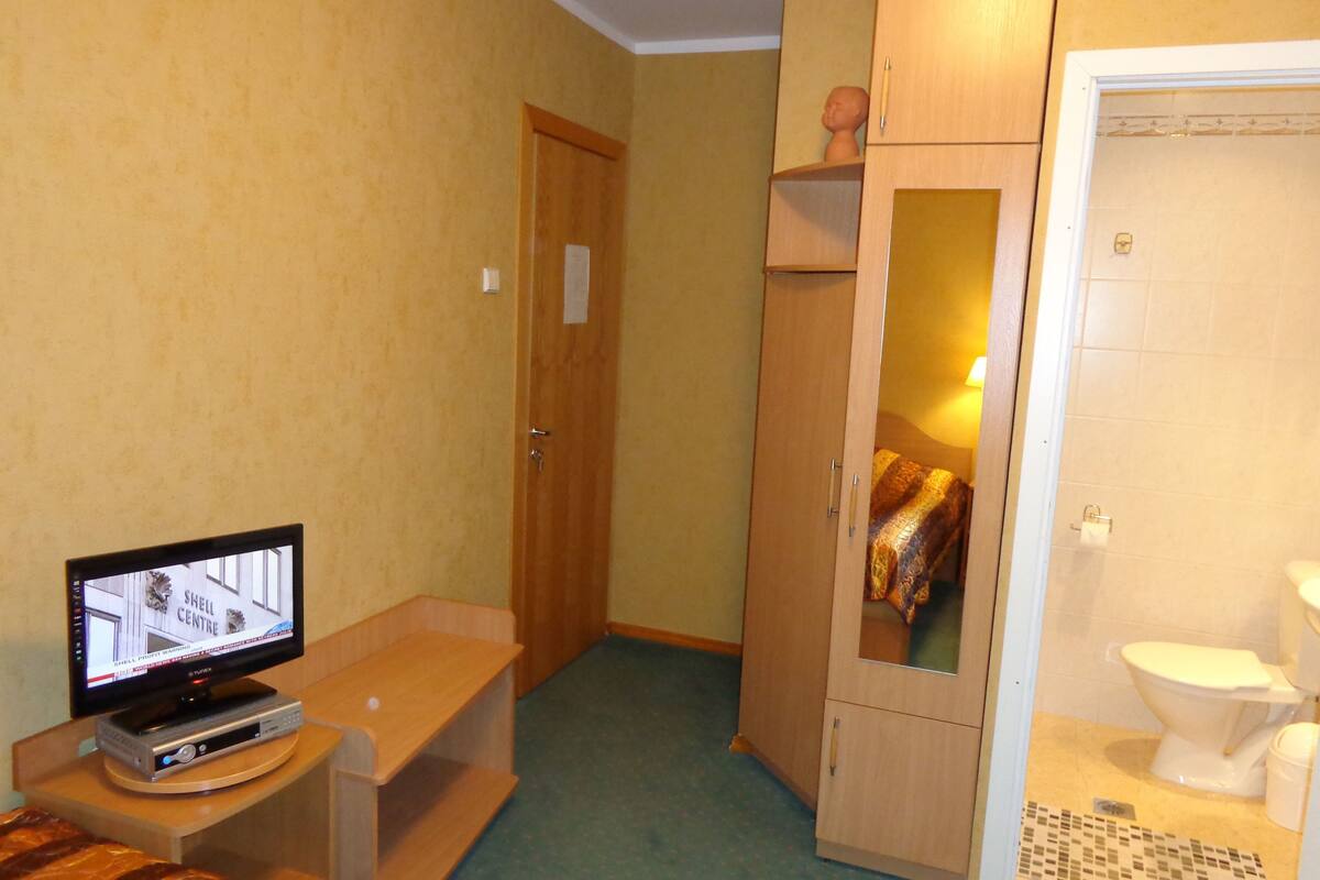 A compact hotel room with a television, a wardrobe, a small table, and a bathroom.