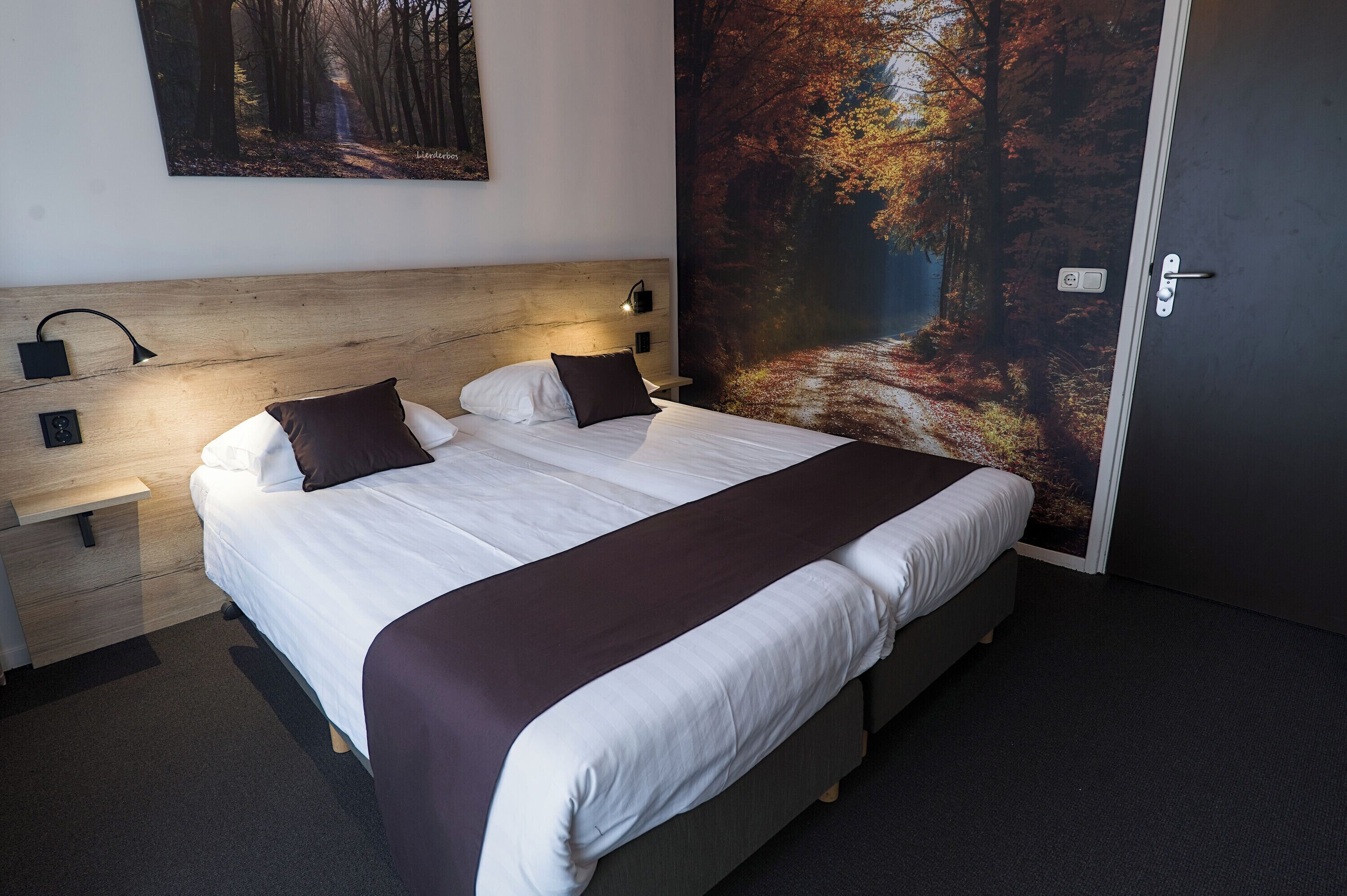 A neatly made double bed with a headboard, bedside tables with lamps, and a large forest-themed wall mural.