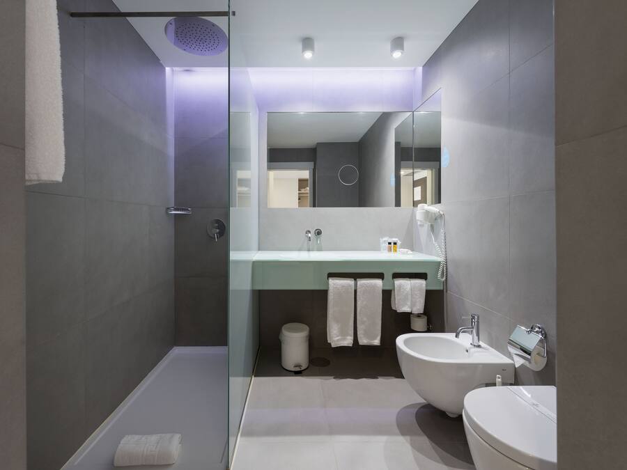 A modern bathroom with a glass shower enclosure, a large sink, and a bidet.