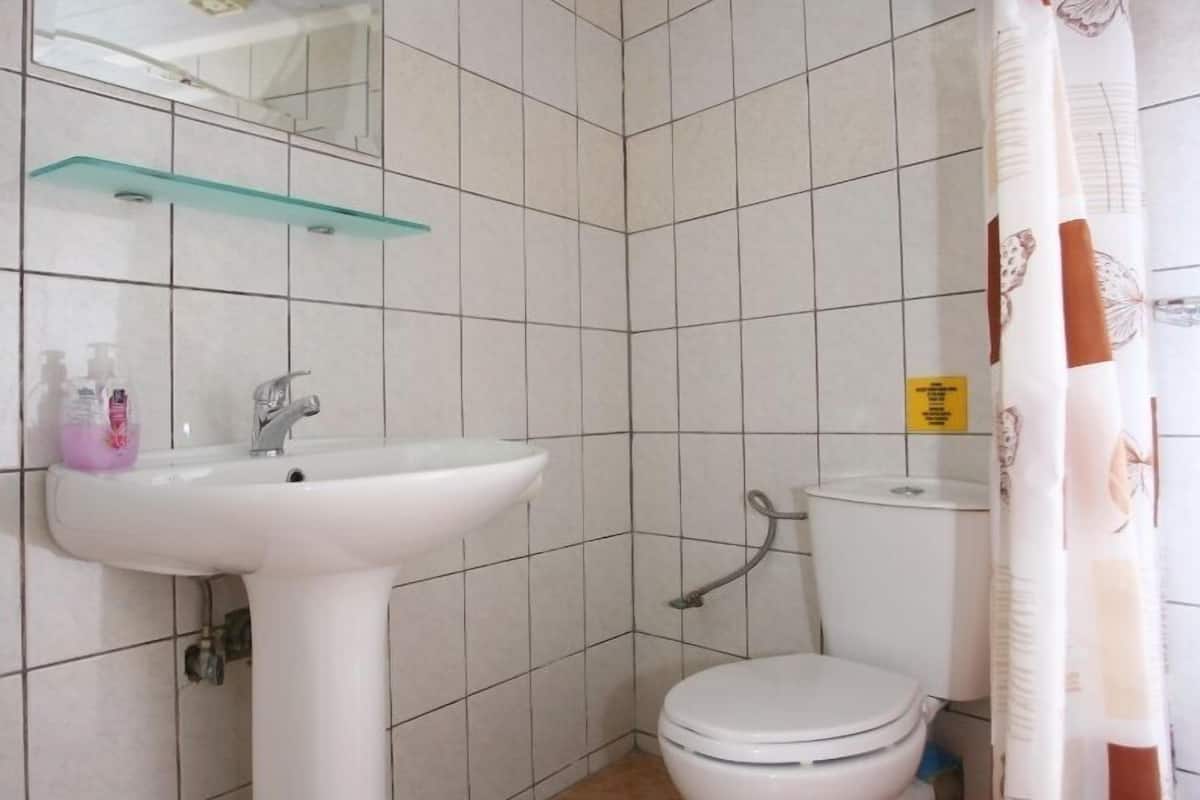 economy studio | bathroom | shower, free toiletries, hair dryer, towels
