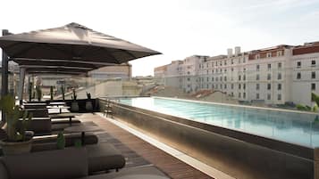 Outdoor pool, pool umbrellas, pool loungers