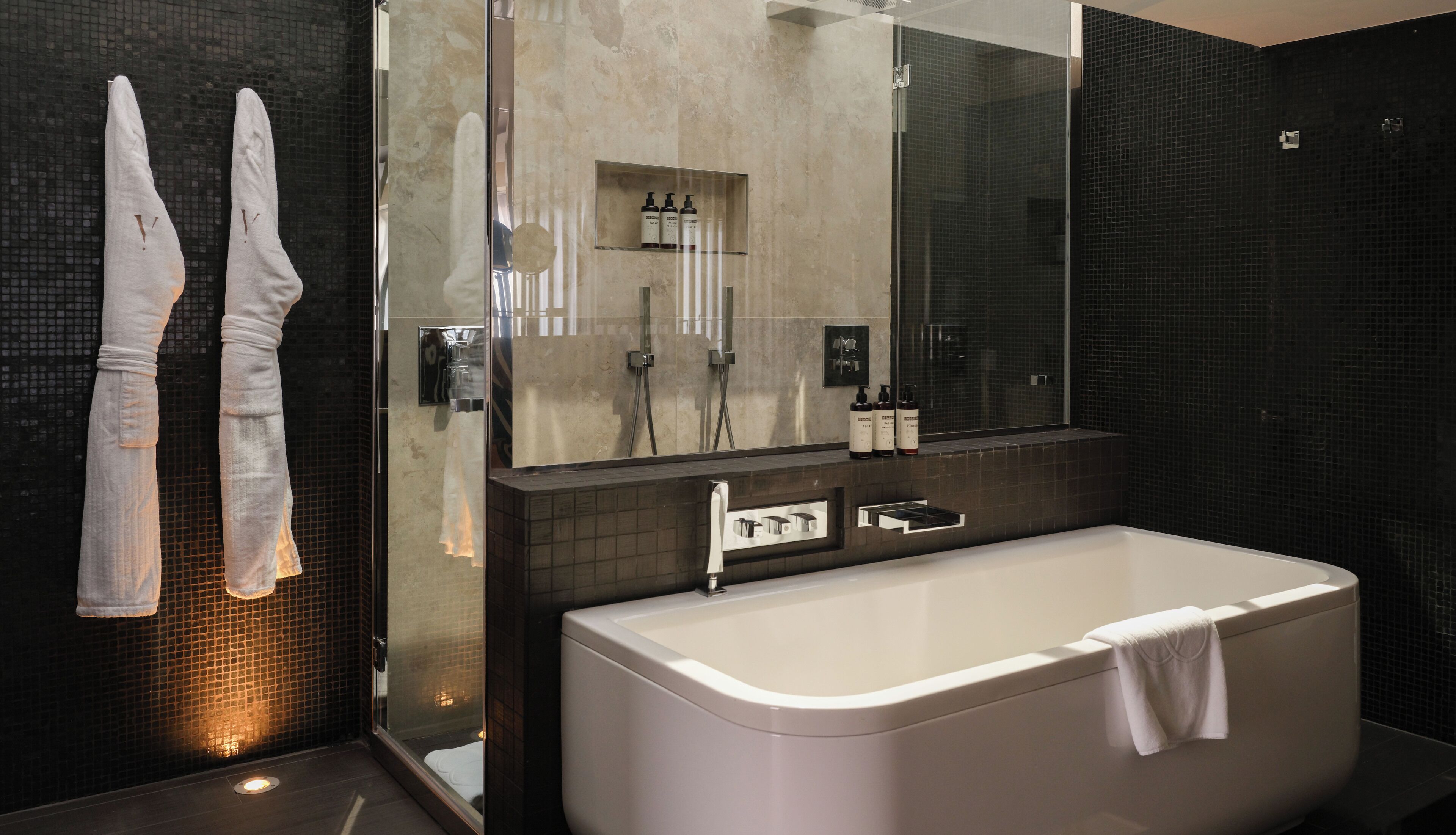 top of five - secret suite | bathroom | rainfall showerhead, designer toiletries, hair dryer, bathrobes