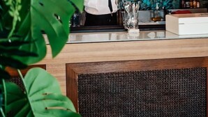A bartender at a bar with shelves of liquor bottles and a large green plant in the foreground. - Five Seas by Inwood Hotels (Cannes)