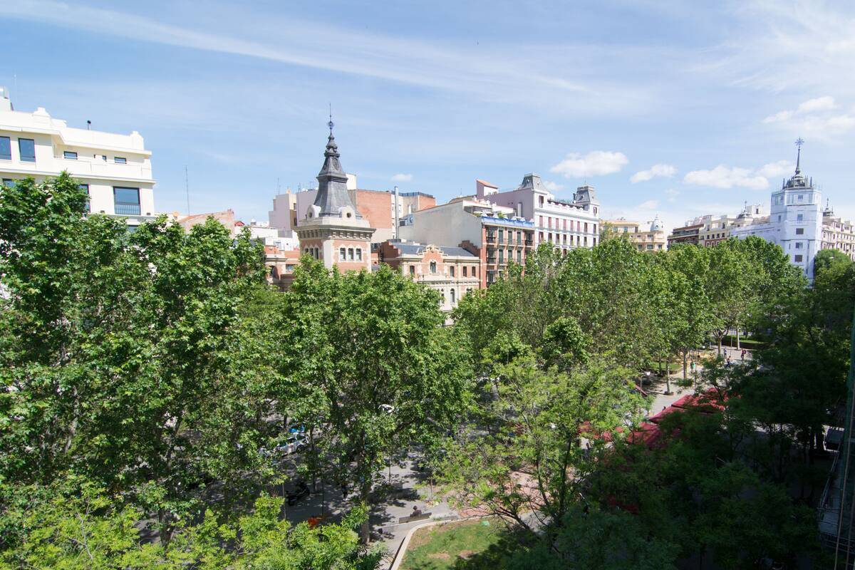 A cityscape with historic buildings, a prominent church tower, and a park area with trees.