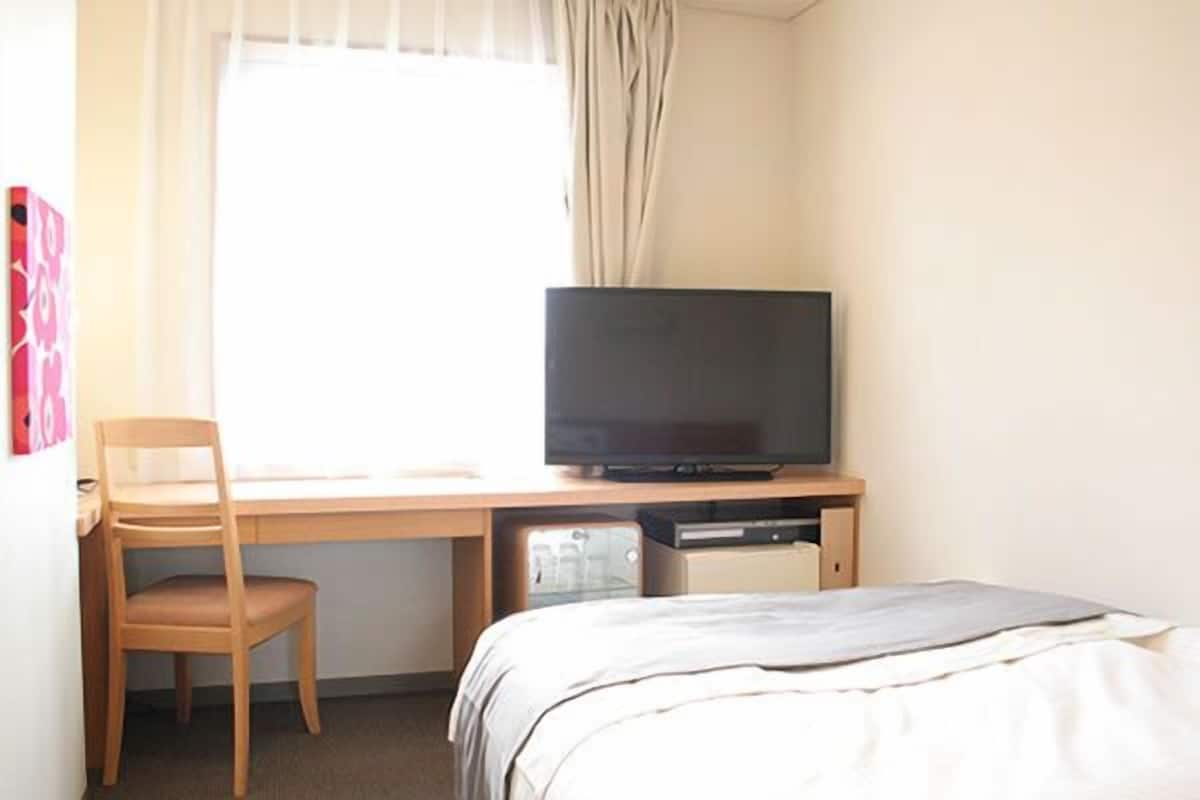 A hotel room with a bed, a desk with a television, a chair, and a window with curtains.