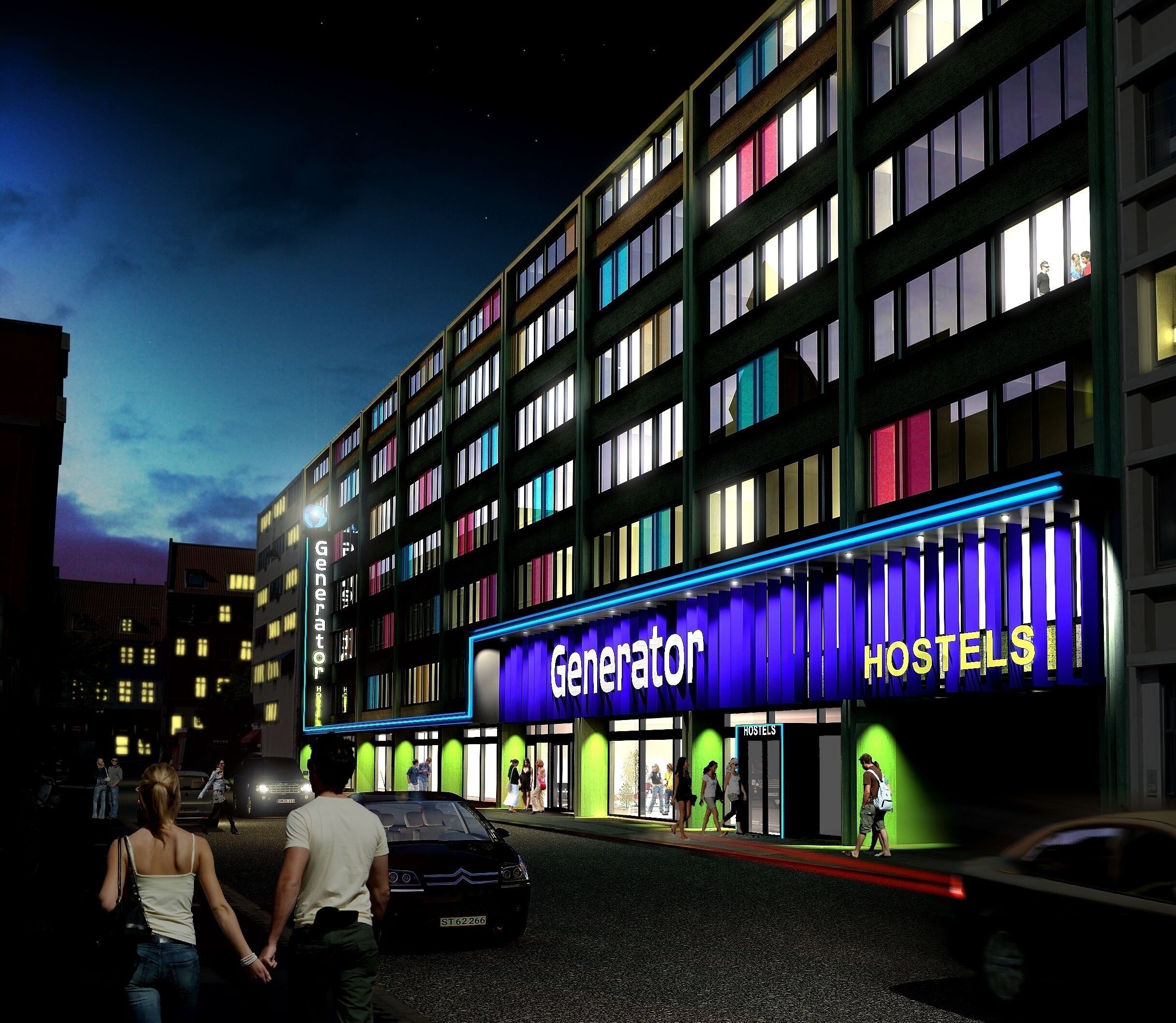 A hotel named "Generator Hostels" with a modern facade, multiple floors, and a brightly lit entrance.