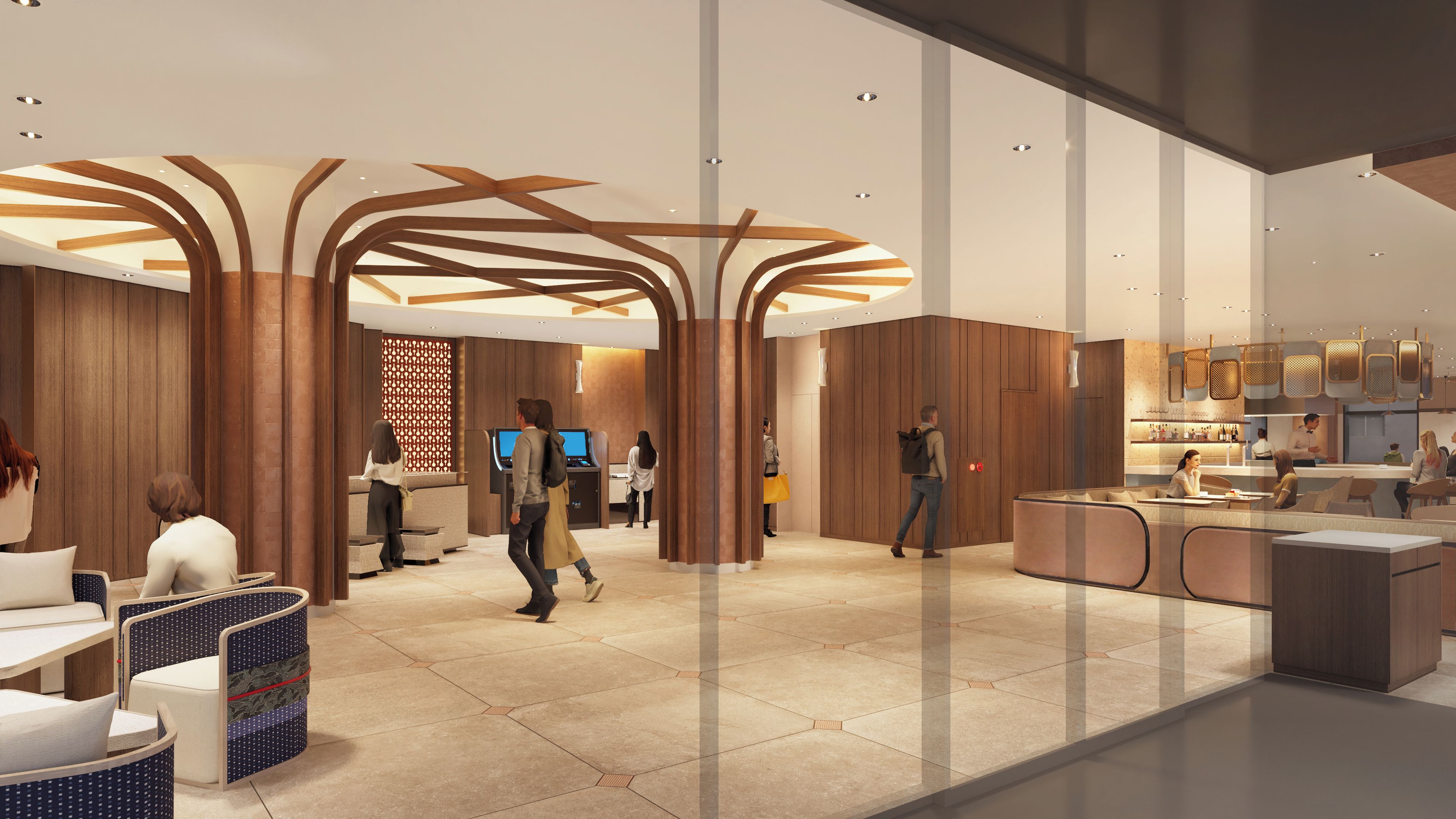 A modern hotel lobby with a reception desk, seating area, and a bar.