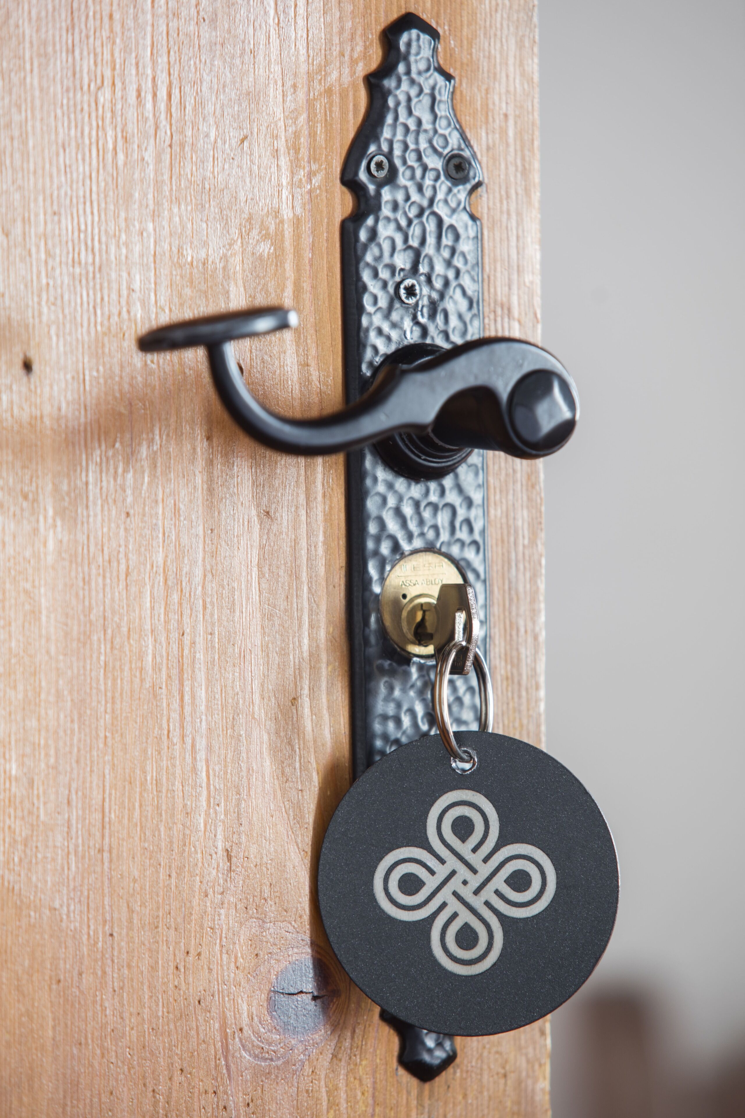 A door with a black metal handle, a brass lock, and a circular keychain with a geometric design.