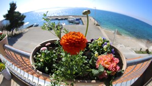 A balcony with a potted flower arrangement overlooking a marina and the sea. - Hotel Delfin (Zadar)