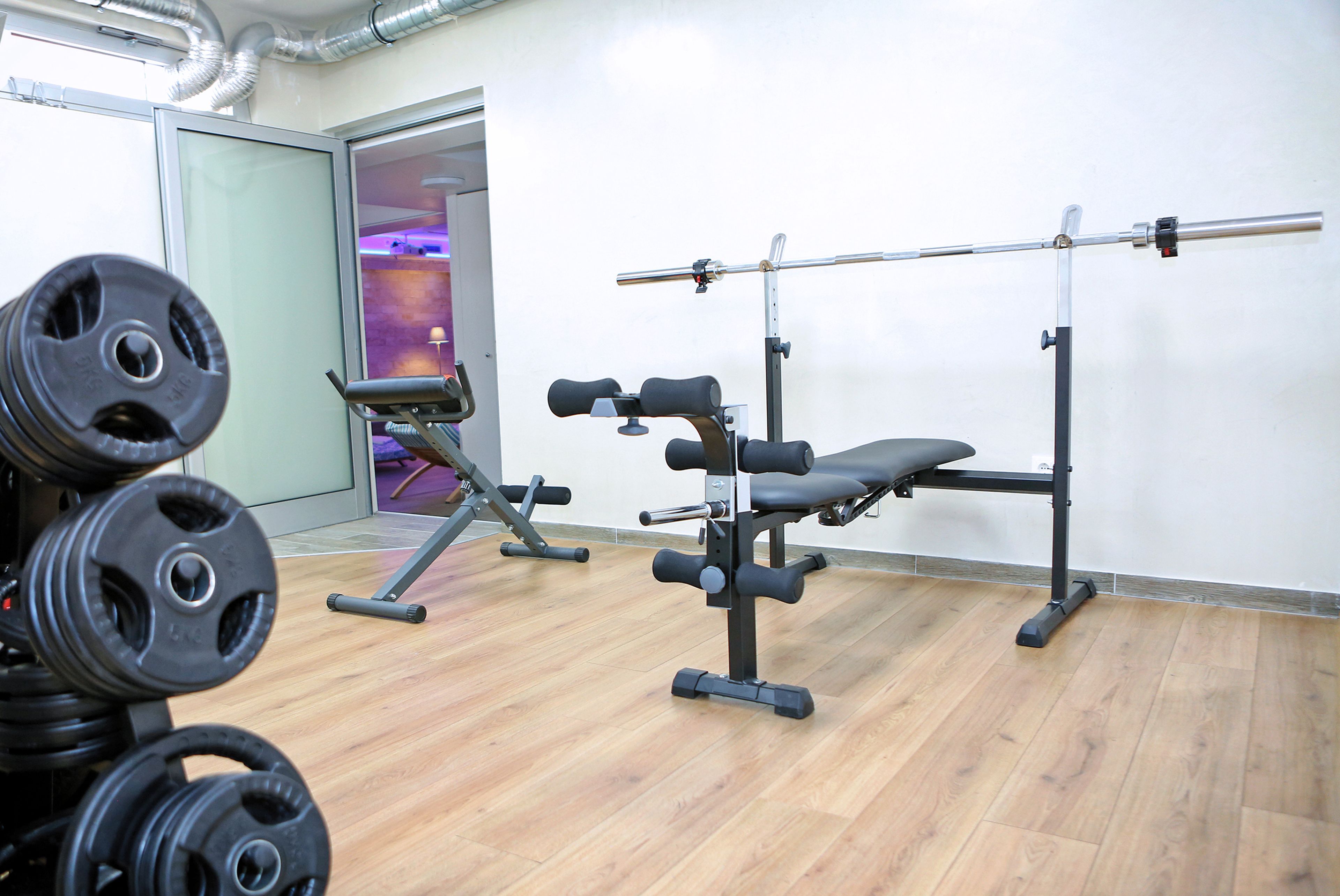 A gym with weightlifting equipment, a bench, and a squat rack.