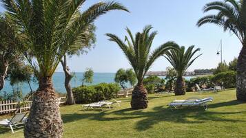 Un espacio al aire libre soleado, con palmeras, sillas de descanso y vistas al mar.