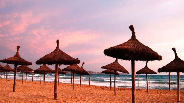 A beach with thatched umbrellas and the ocean in the background.