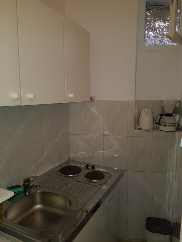 A compact kitchen with a stainless steel sink, two electric burners, and a coffee maker on the countertop.