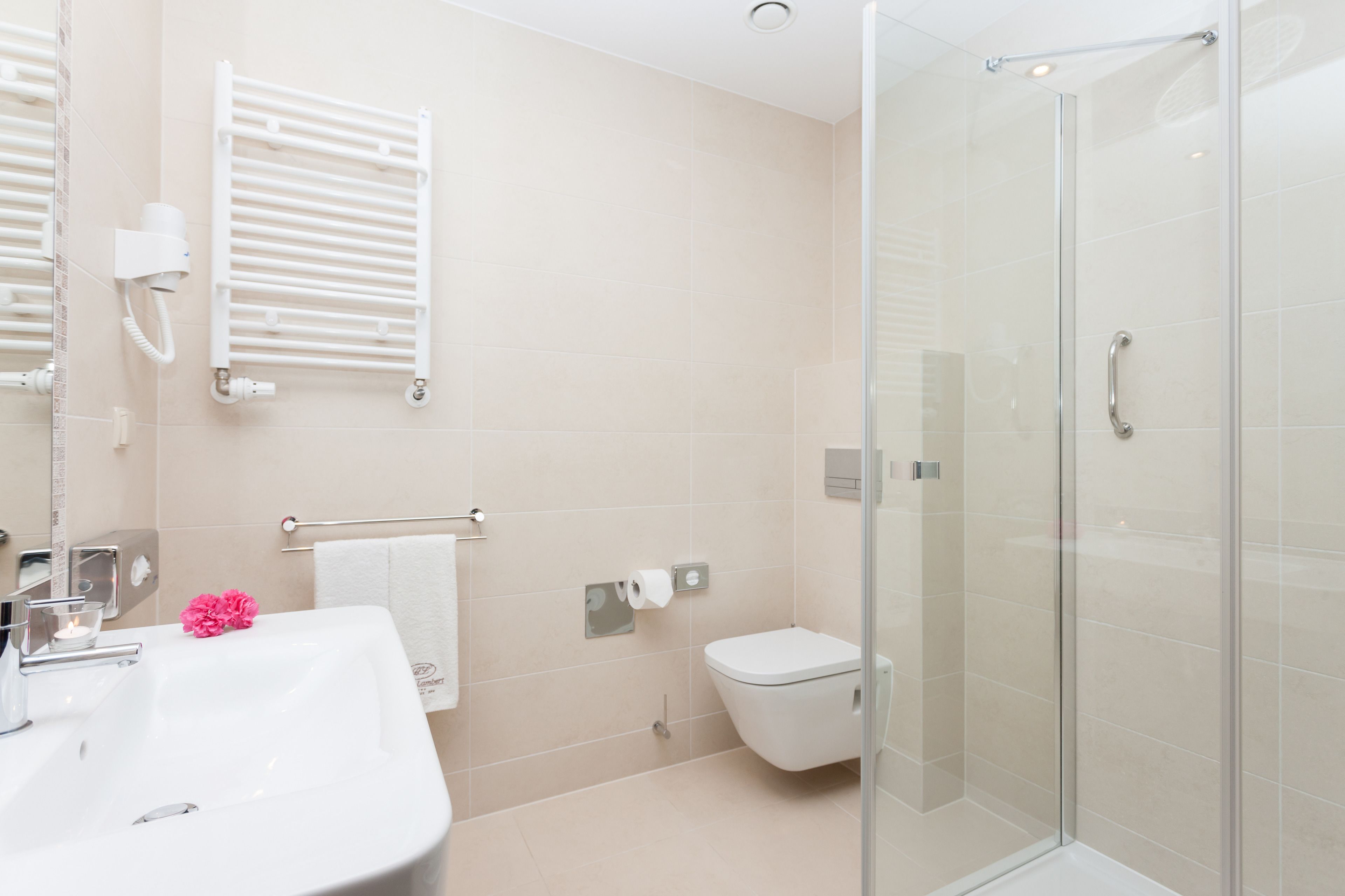 Un baño moderno con cabina de ducha de vidrio, un lavamanos blanco y un inodoro.
