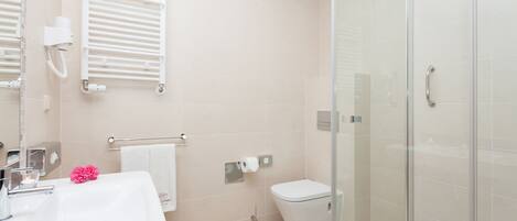 A modern bathroom with a glass shower enclosure, a white sink, and a toilet.