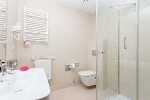 A modern bathroom with a glass shower enclosure, a white sink, and a toilet.
