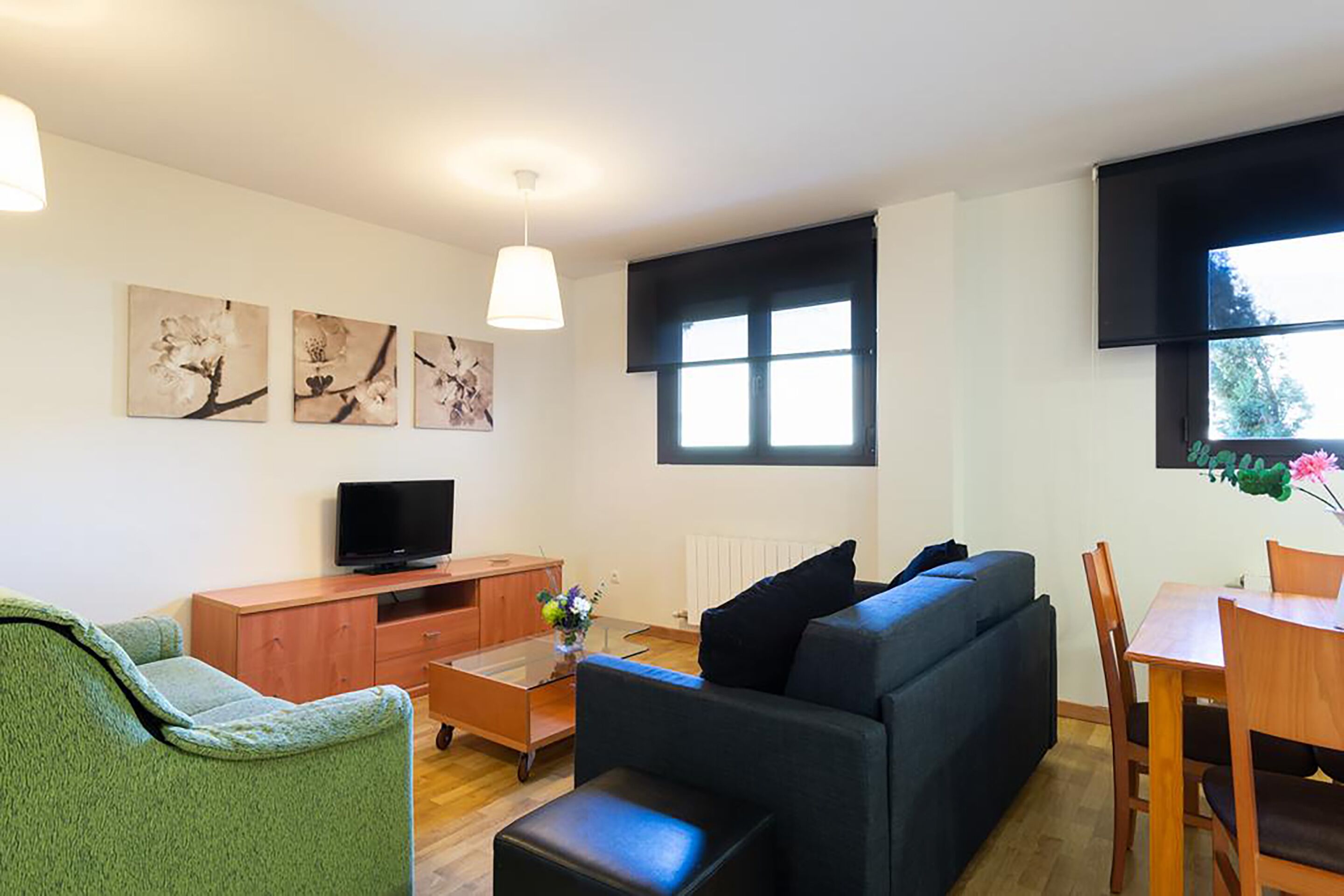 A modern living room with a sofa, a television, a coffee table, and a dining area with a table and chairs.