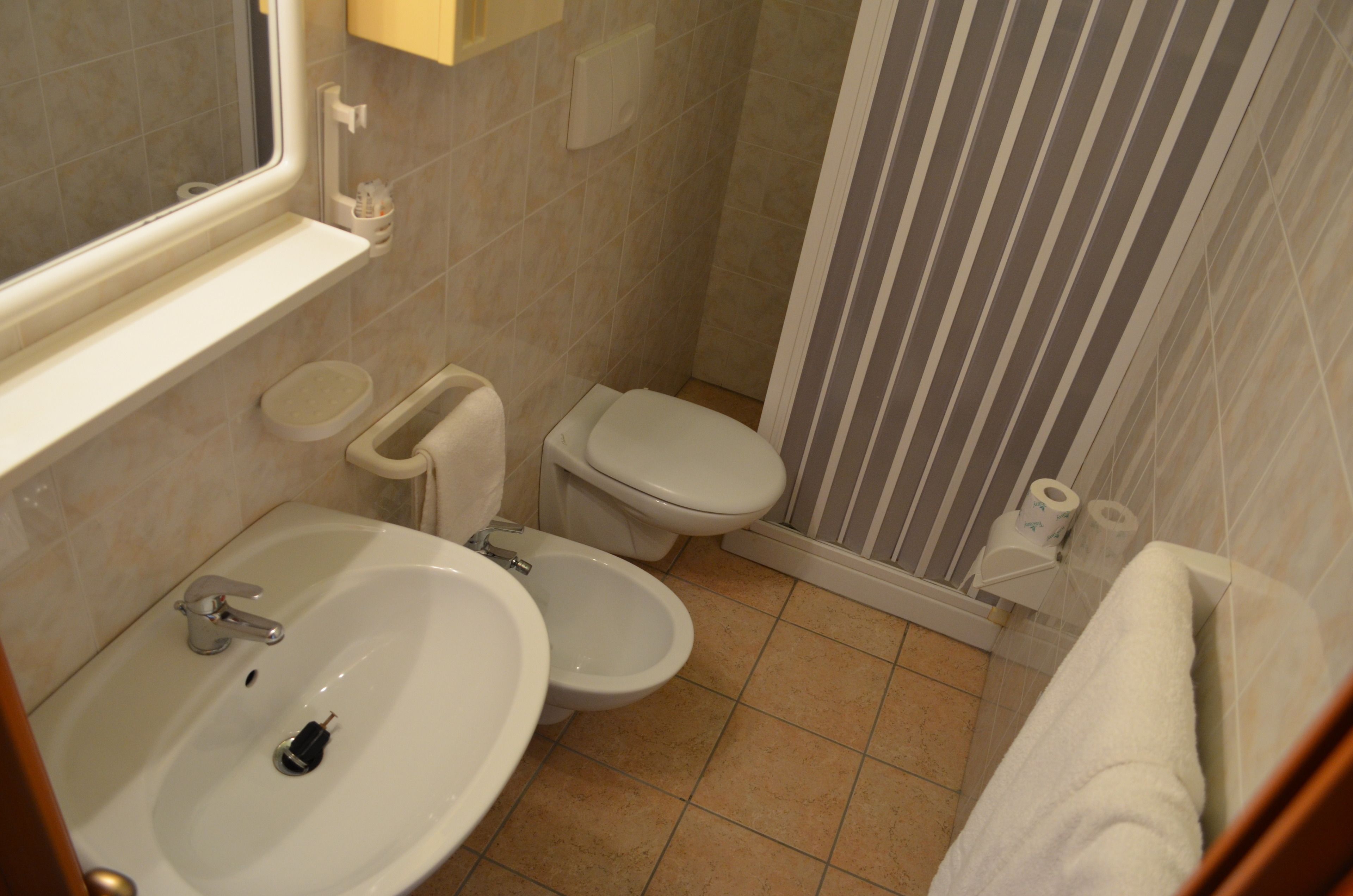 Une salle de bain équipée d’un lavabo, de deux toilettes, d’une douche et d’un porte-serviettes.