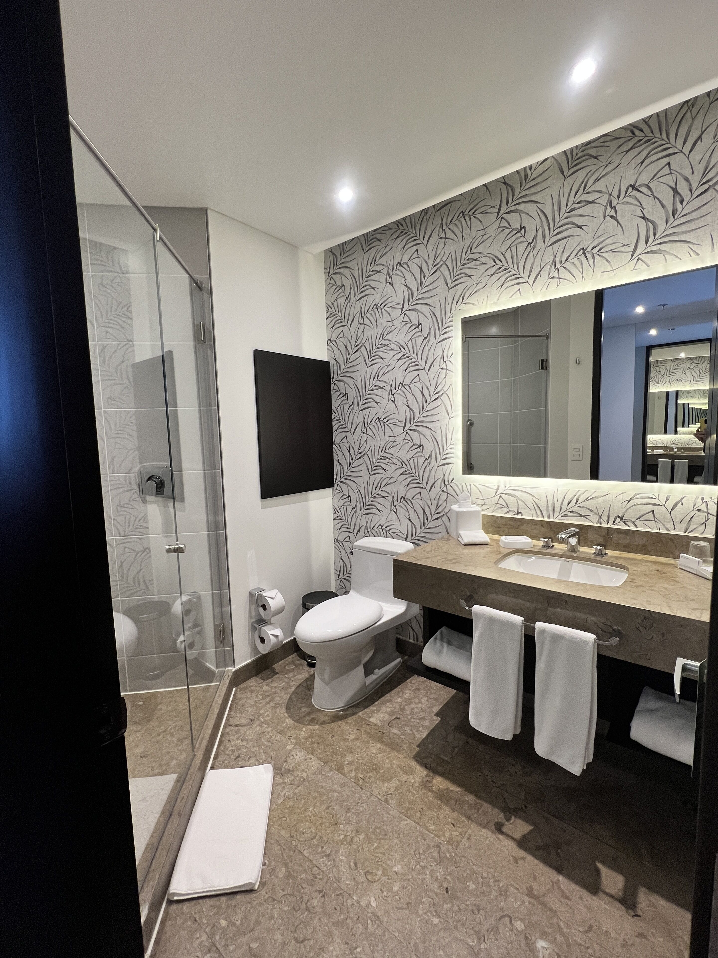 shower, designer toiletries, hair dryer, towels