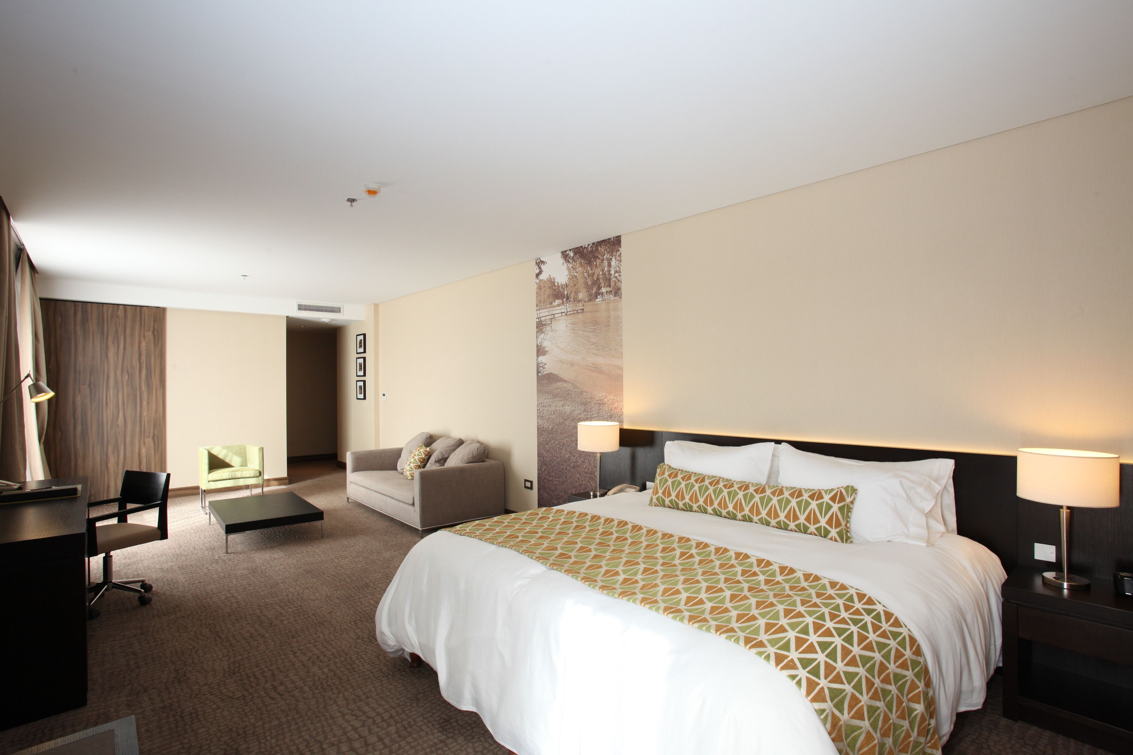 Une chambre d’hôtel avec un grand lit, un bureau, une chaise et un canapé.