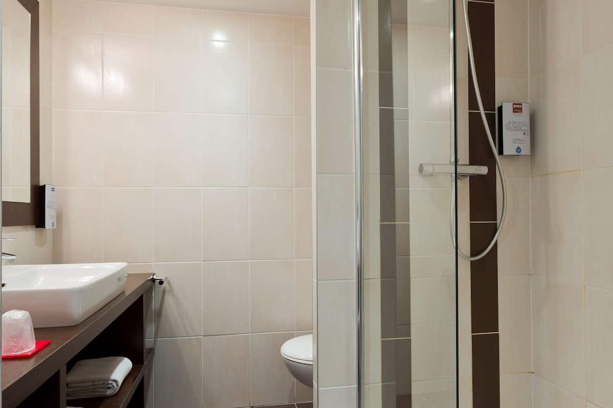 eco-friendly toiletries, hair dryer, towels