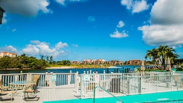 Outdoor pool, pool umbrellas, sun loungers