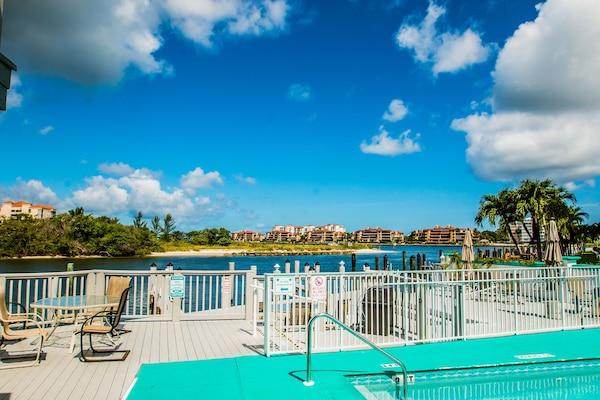 Outdoor pool, pool umbrellas, pool loungers