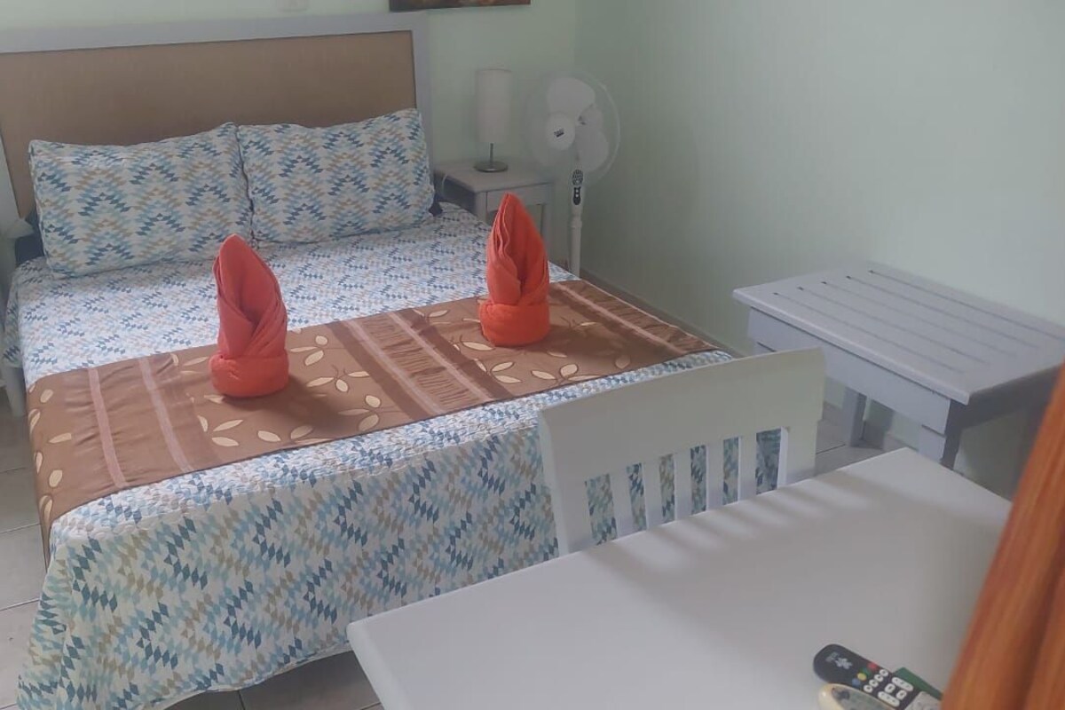 Habitación de hotel con cama, escritorio, dos sillas, una mesa y dos ventiladores de pie.