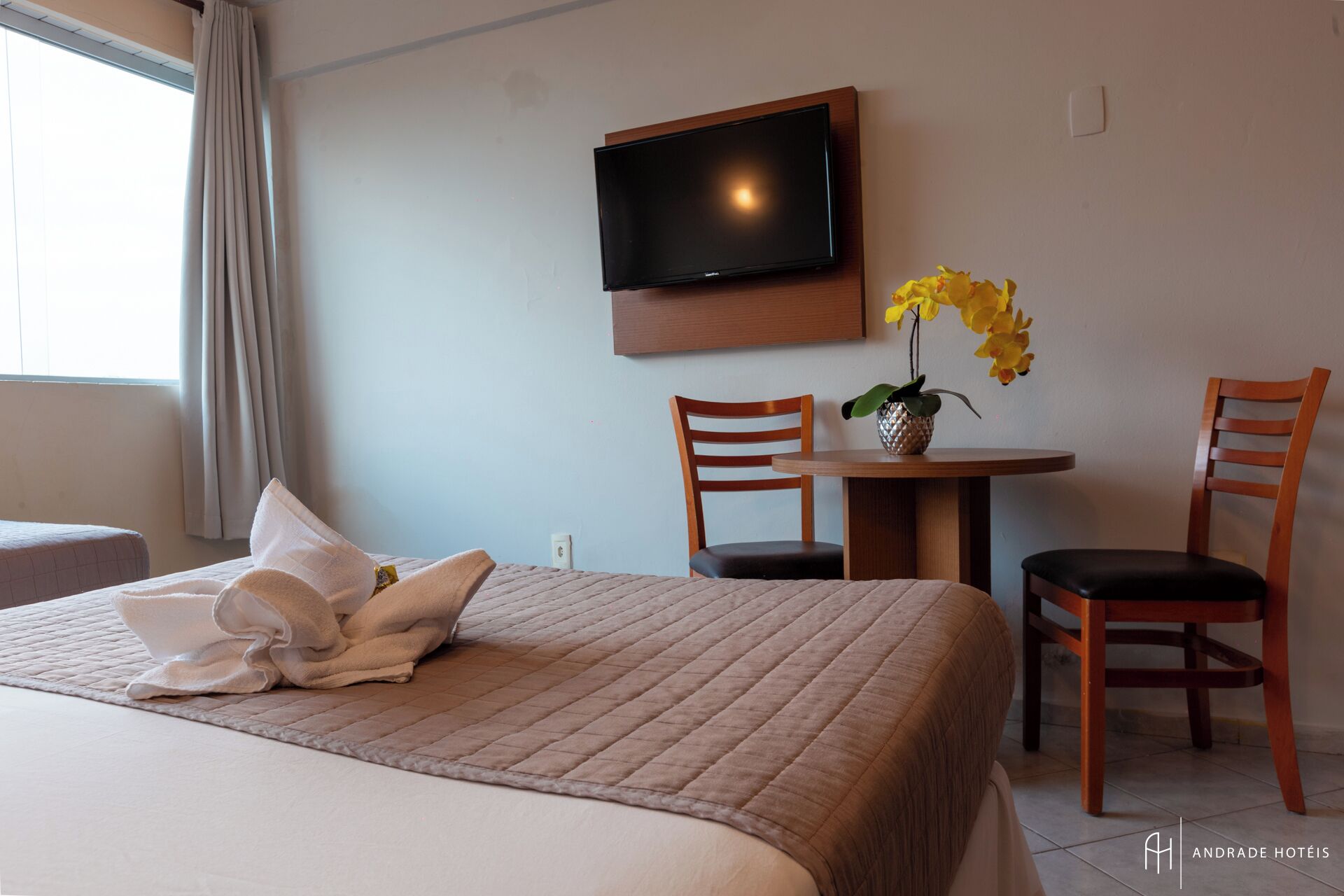 A hotel room with a bed, a TV mounted on the wall, a small round table with chairs, and a vase with yellow flowers.